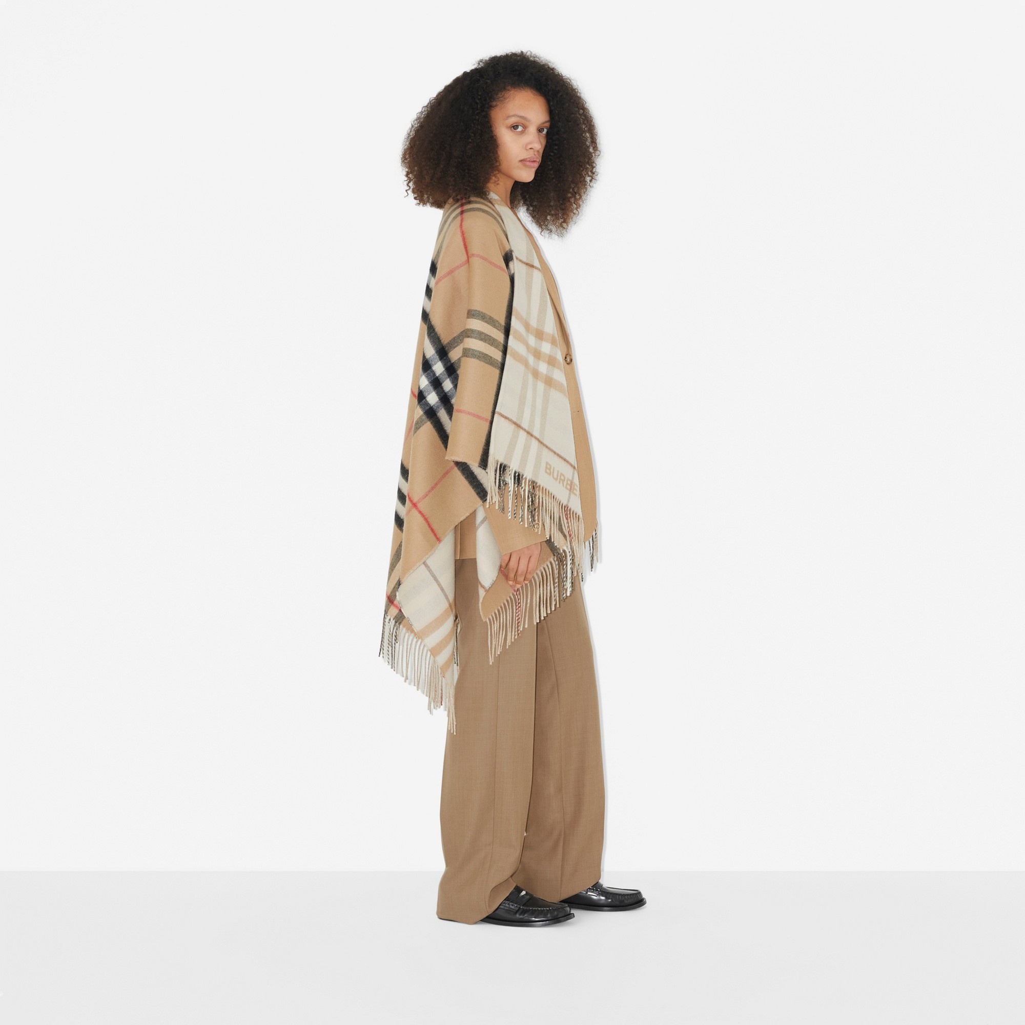 Contrast Check Wool Cashmere Cape - 3