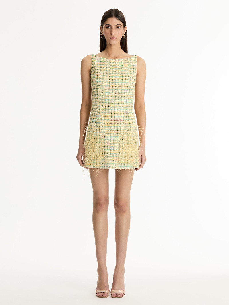 Oscar de la Renta POINT D’ESPRIT FEATHER EMBROIDERED CHECKED TWEED DRESS outlook