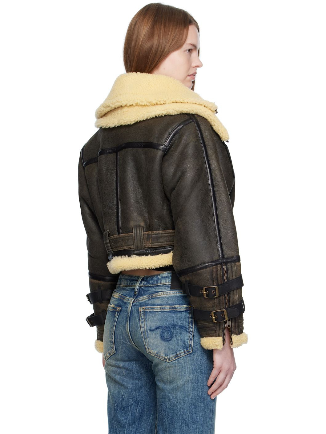 Black Cropped Shearling Bomber Jacket - 3
