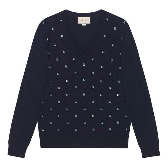 Gucci Jacquard-Motif V-Neck Jumper 'Navy' 545628XKABL - 1