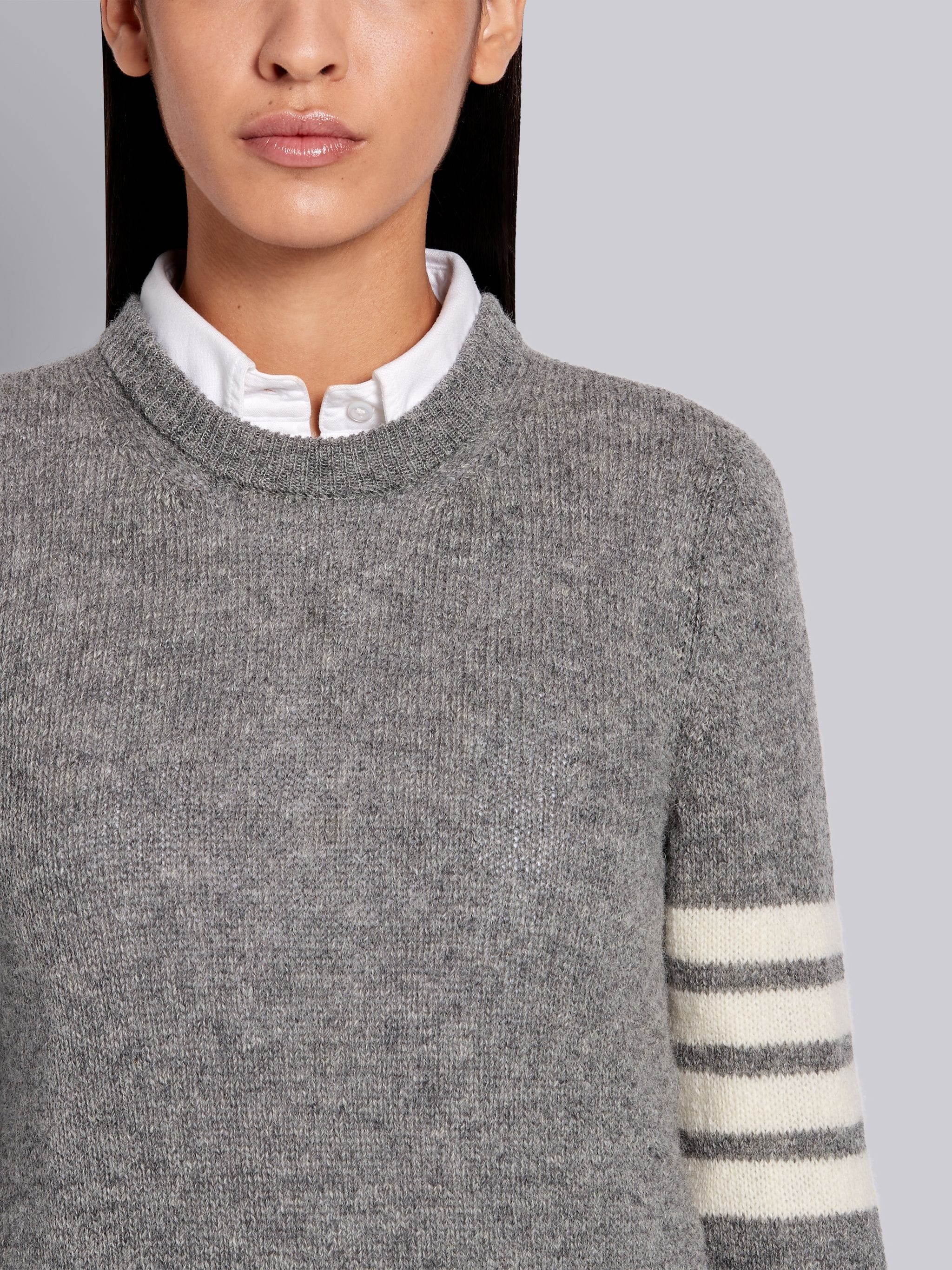 Light Grey Shetland Wool Jersey Classic Crewneck 4-Bar Pullover - 5