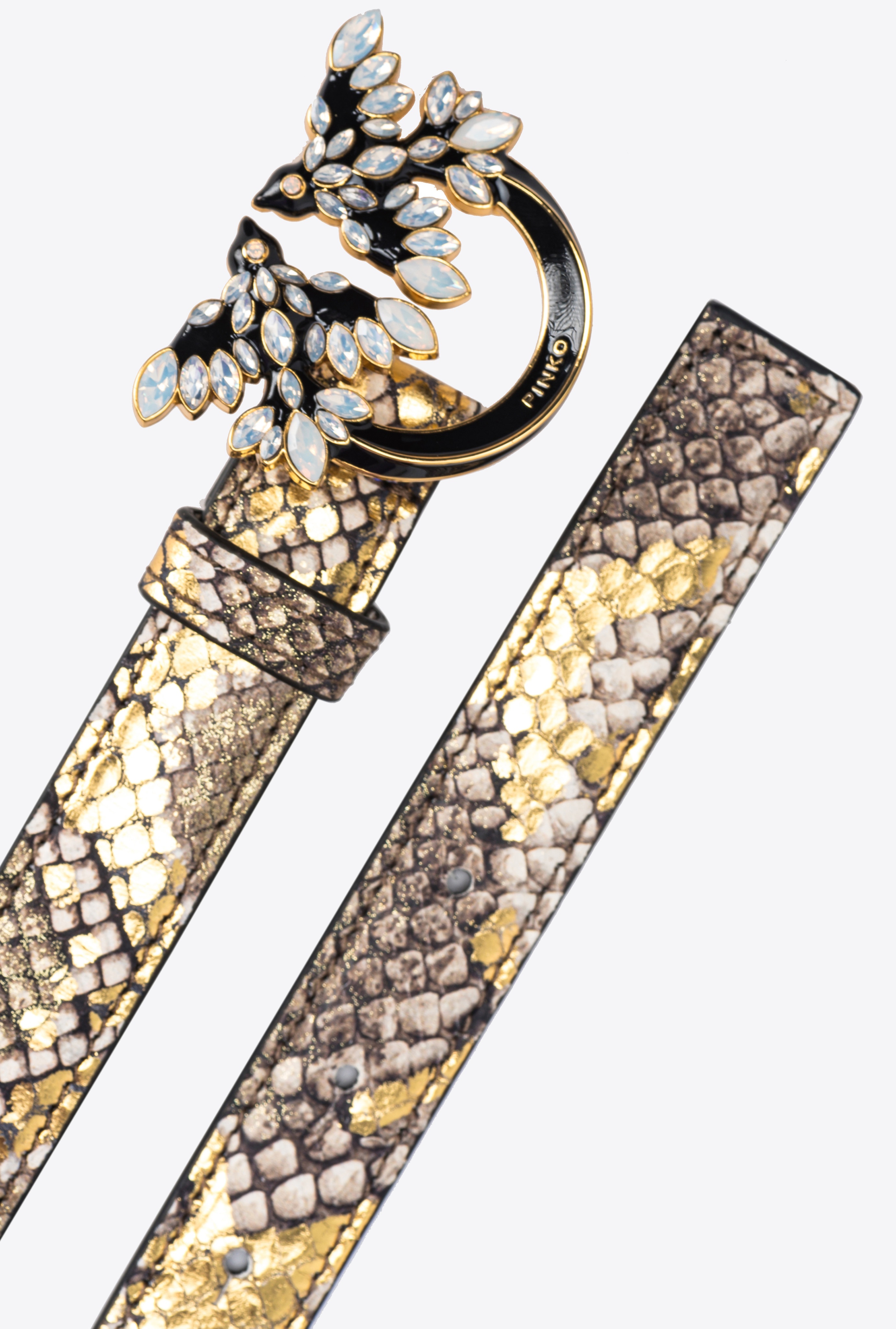 PINKO GALLERIA THIN 2CM LAMINATED REPTILE-PRINT BELT WITH LOVE BIRDS BUCKLE - 3