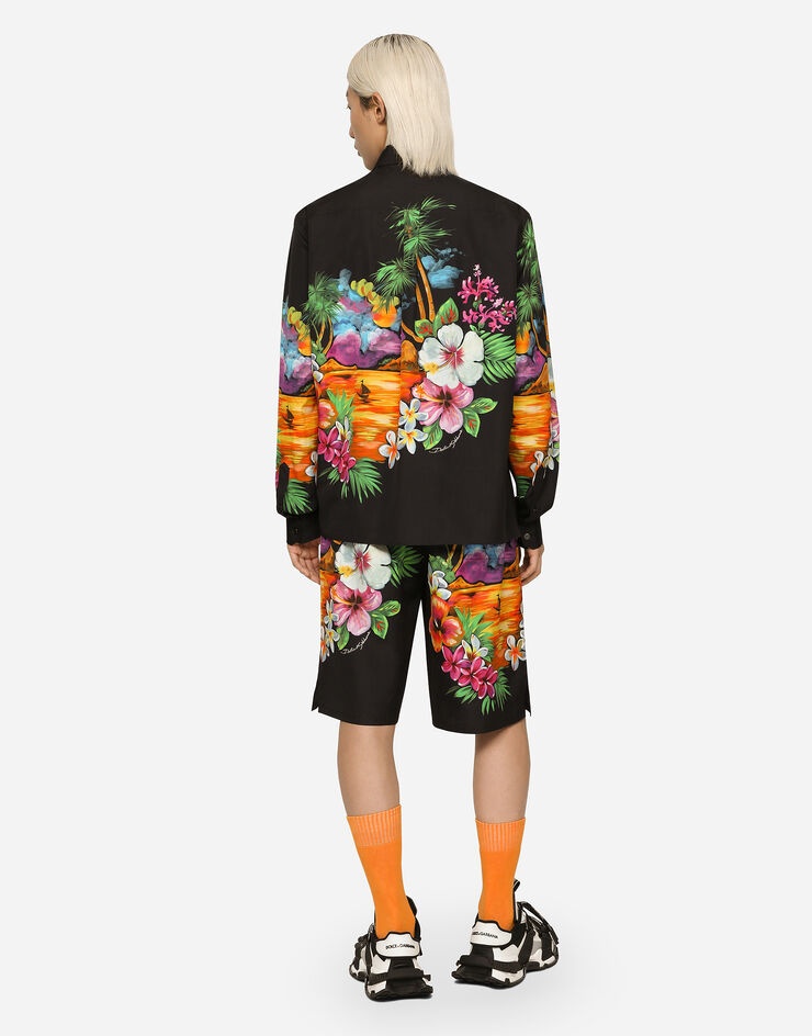 Cotton jogging shorts with Hawaiian print - 3
