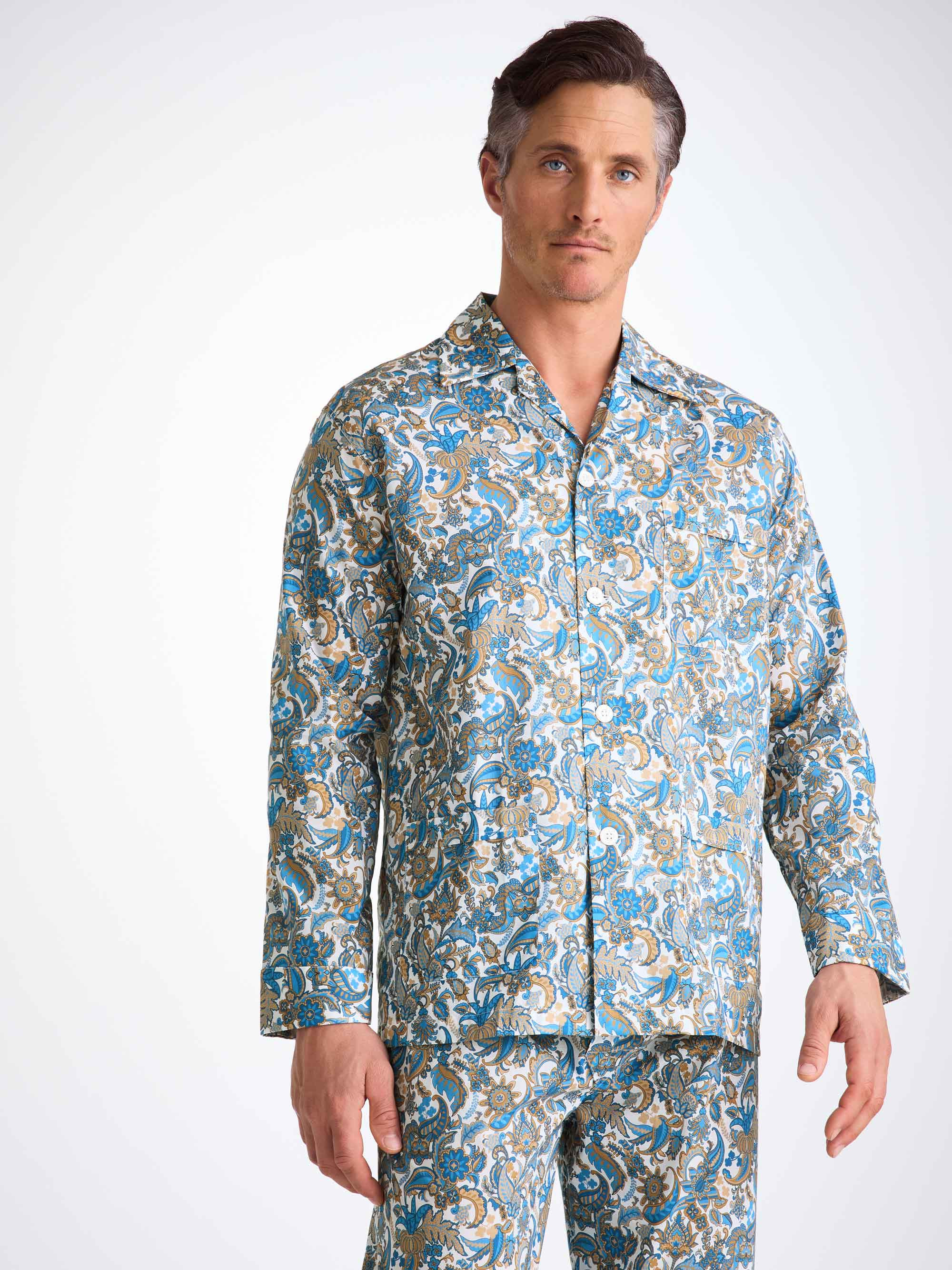 Men's Classic Fit Pajamas Cotton Batiste White Jungle Paisley Print - 5