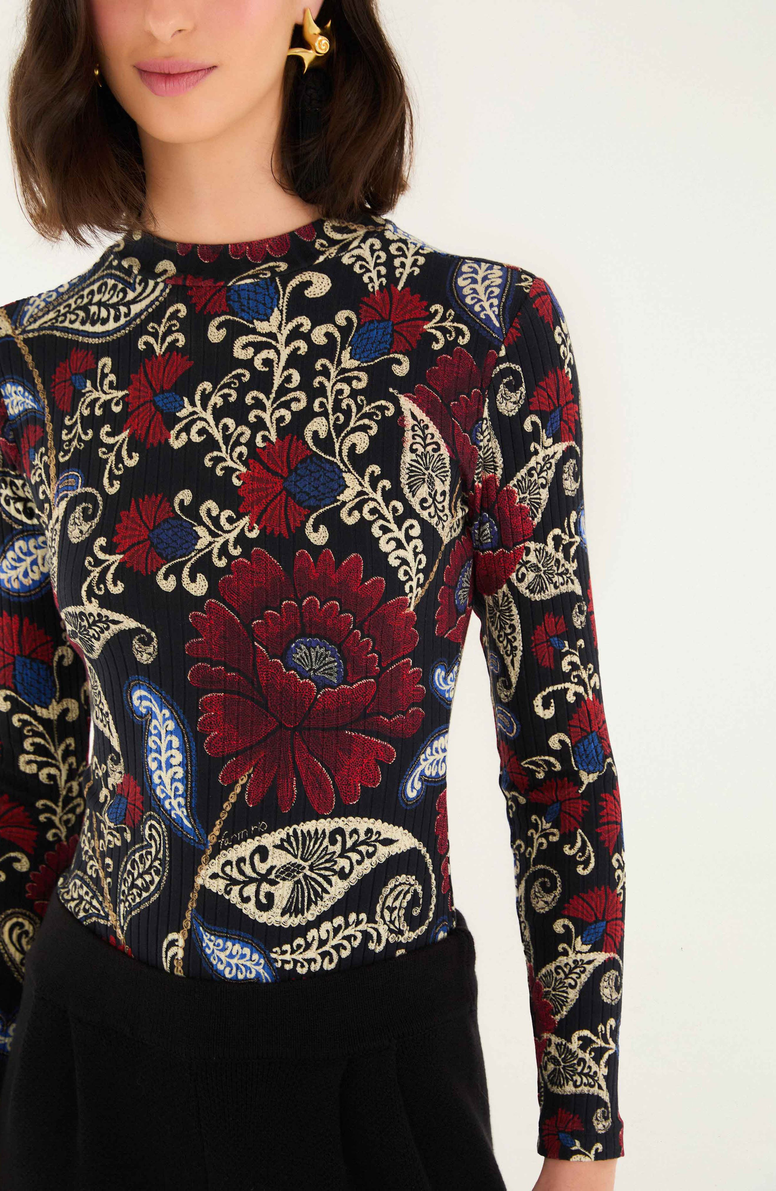 FARM Rio Valentina Floral Paisley Long Sleeve Stretch Cotton Bodysuit in Valentina Black at Nordstro - 4