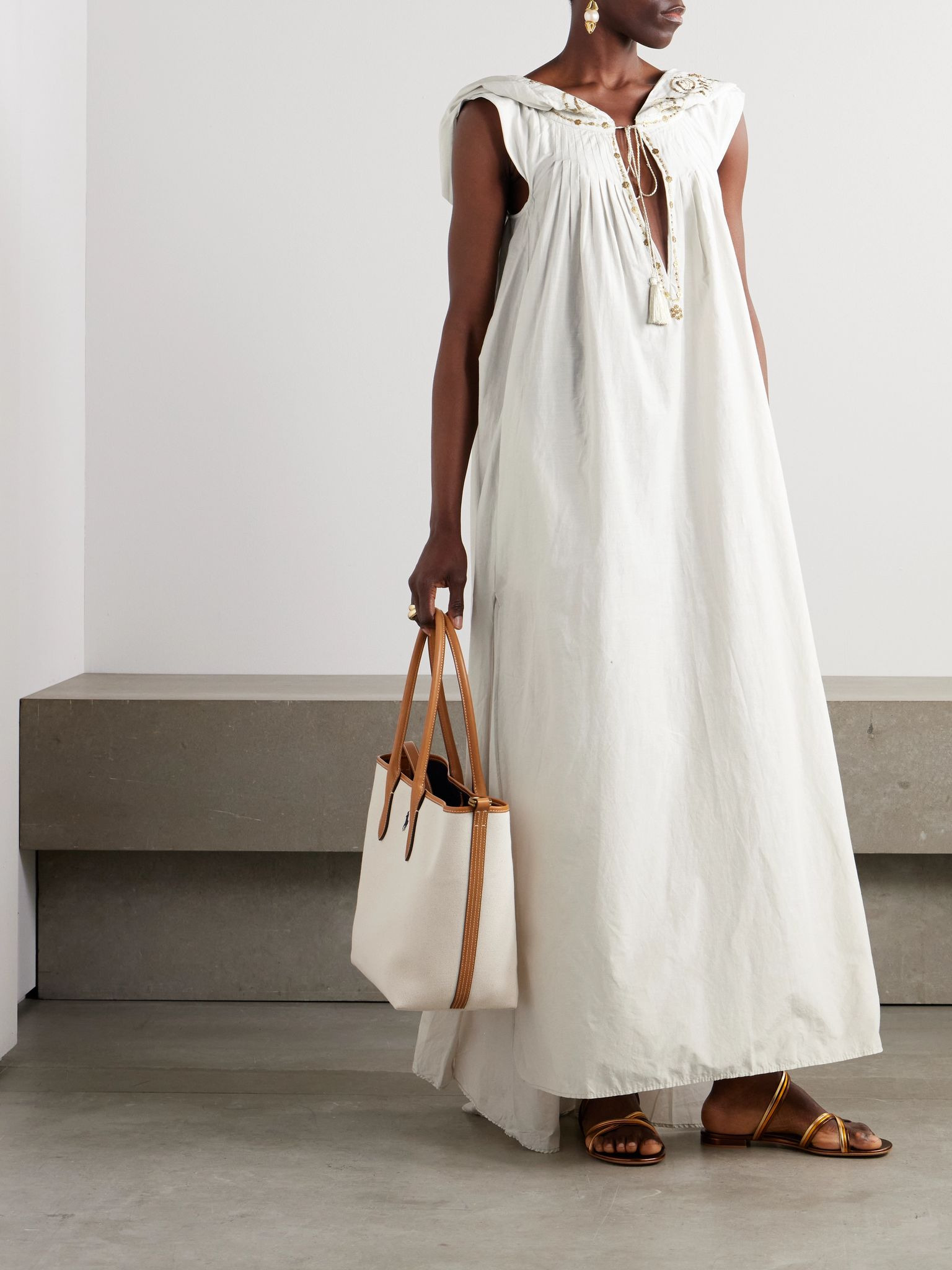 Eden hooded embellished embroidered cotton and silk-blend coverup White - 3