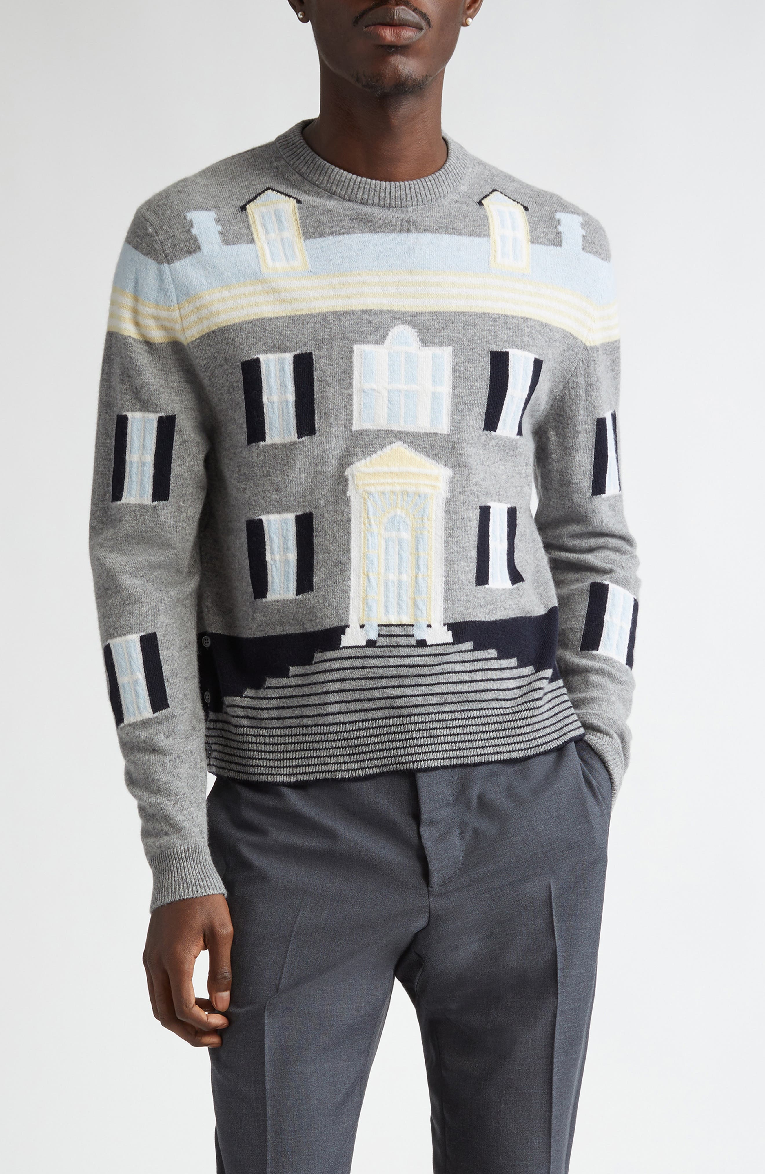 Thom Browne House Intarsia Virgin Wool Sweater in Light Grey at Nordstrom - 1