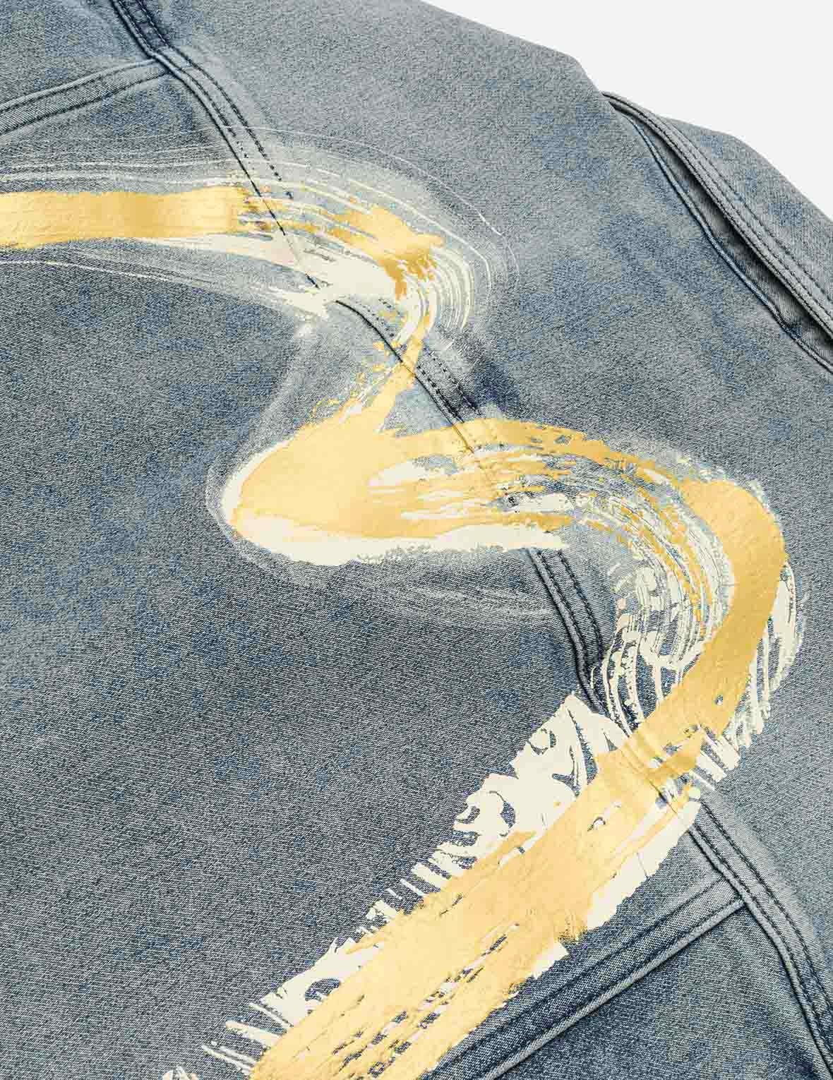Artistic Brush Daicock Print Relax Fit Denim Jacket - 5