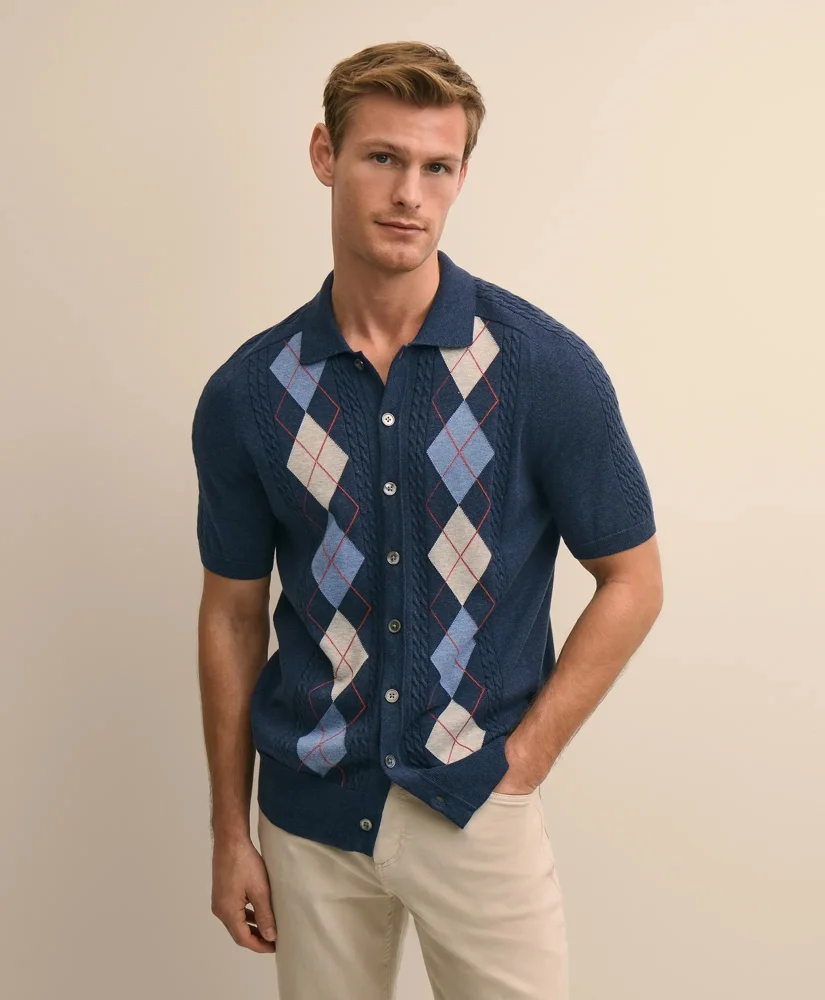 Supima® Cotton Short-Sleeve Argyle Polo Cardigan - 1