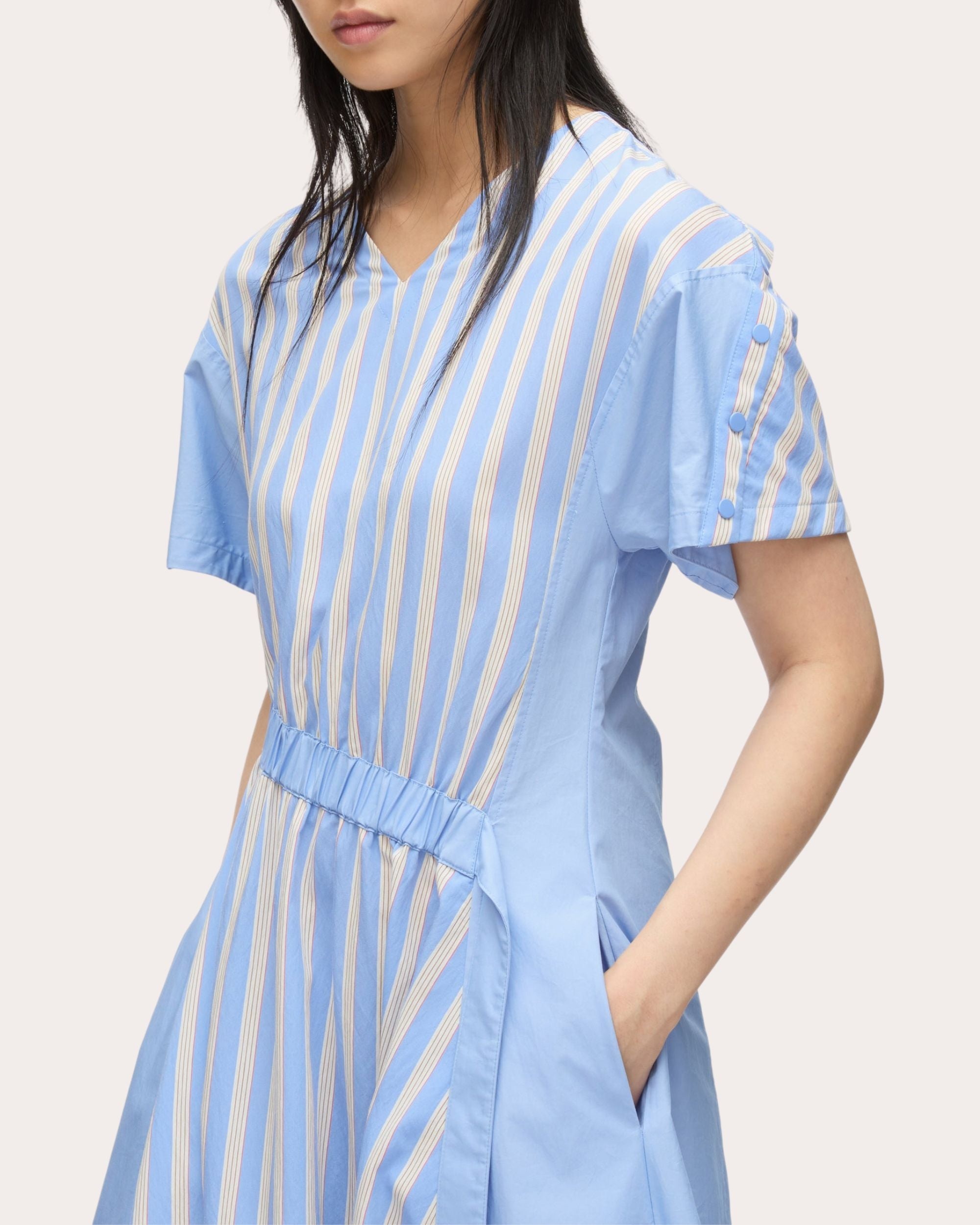 Striped Poplin Asymmetric Midi Dress - 4