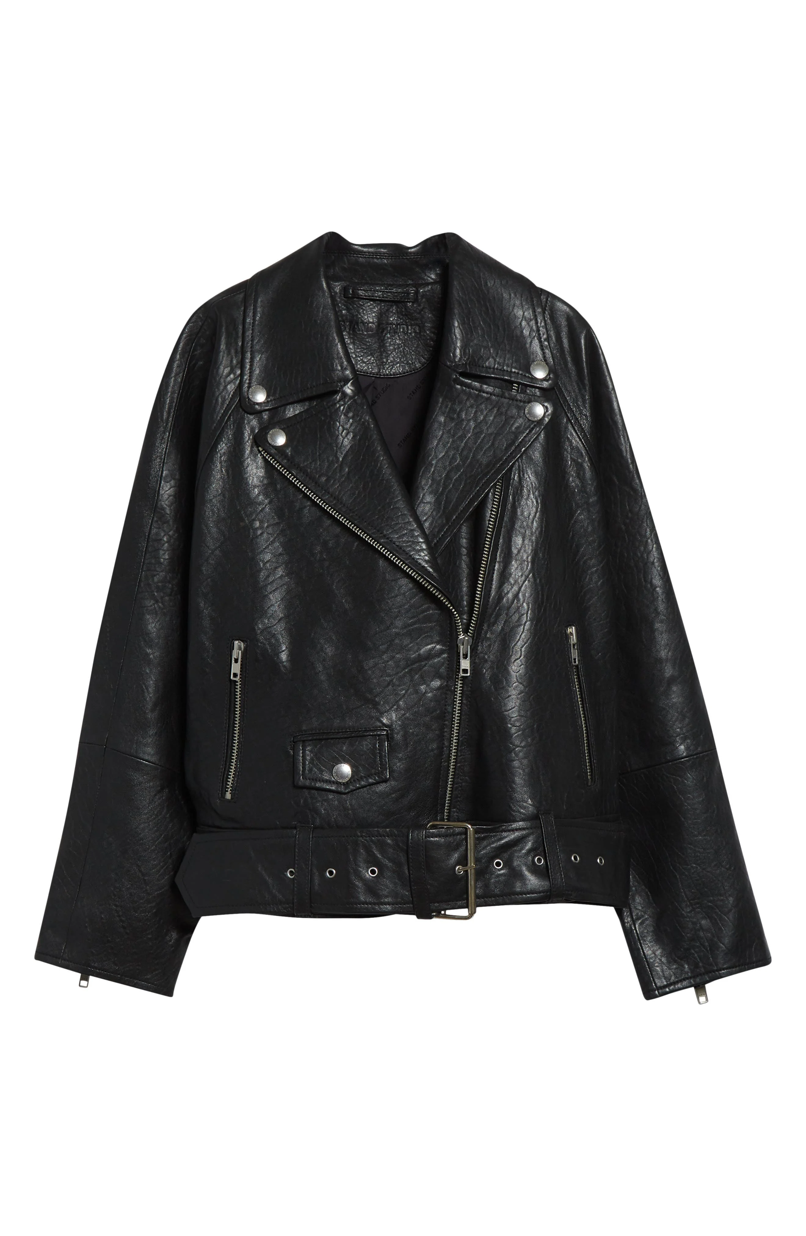 Stand Studio Romy Belted Leather Biker Jacket in Black at Nordstrom - 1