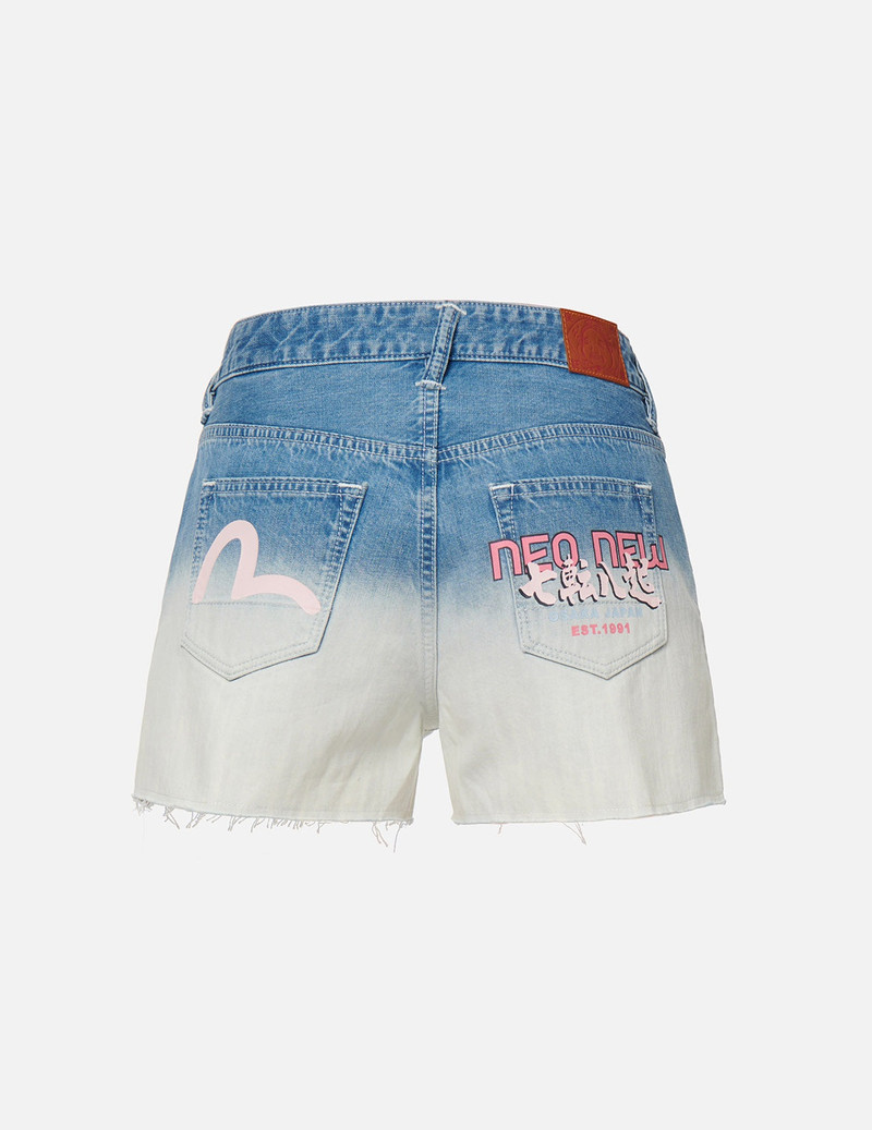 EVISU SEAGULL AND SLOGAN PRINT TIE-DYED DENIM SHORTS outlook