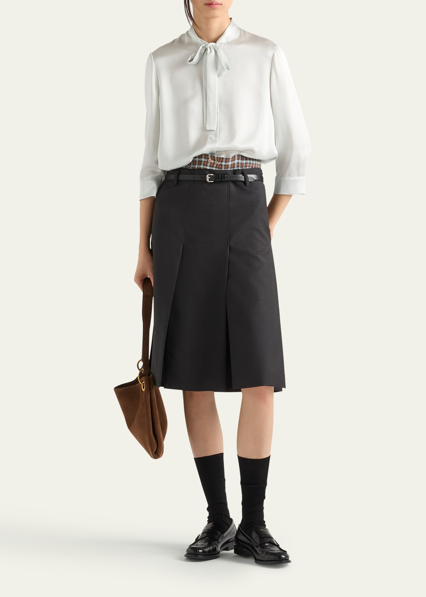 Grisaglia Check Pleated Slit Skirt - 2
