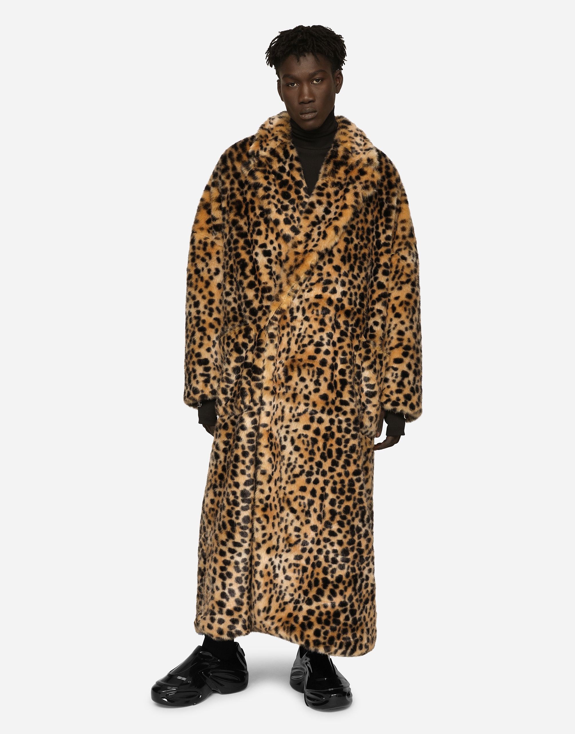 Dolce & Gabbana Single-breasted faux fur coat with leopard