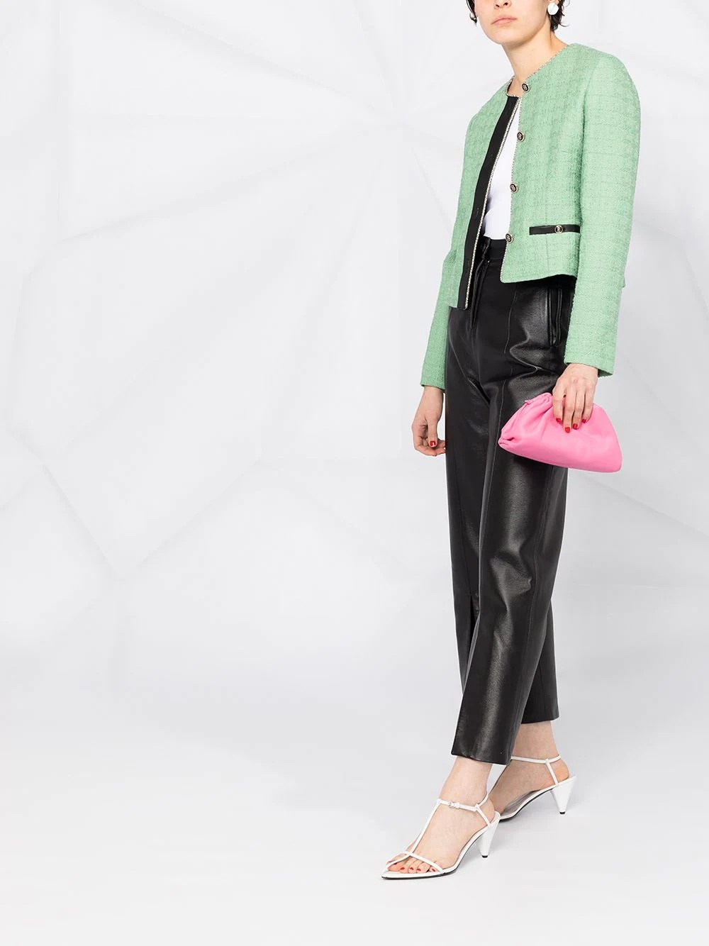 leather-trim tweed jacket - 6