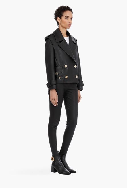 Black leather pea coat with gold-tone buttons - 7