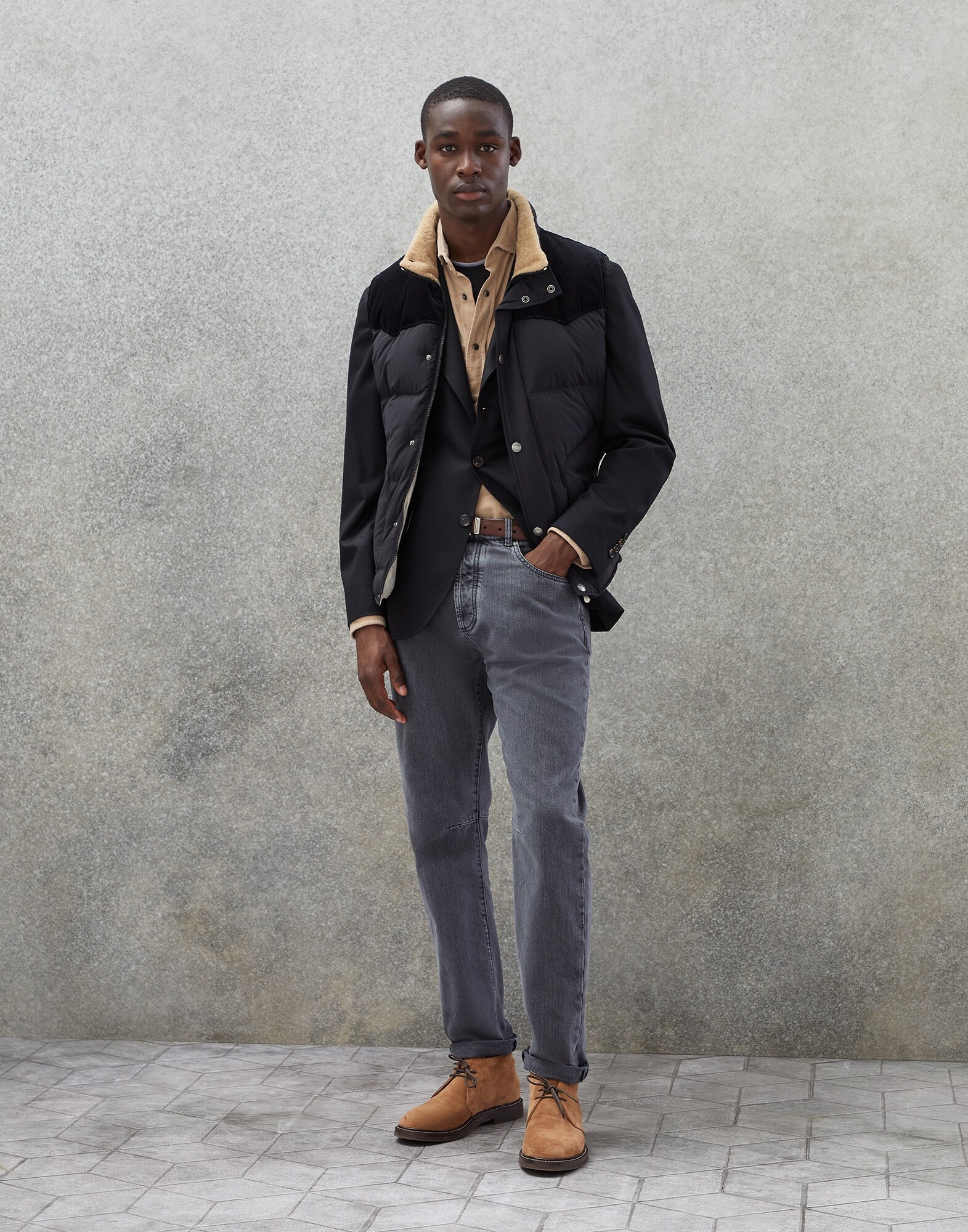 Bonded nylon paneled down vest with shearling-lined collar - 5