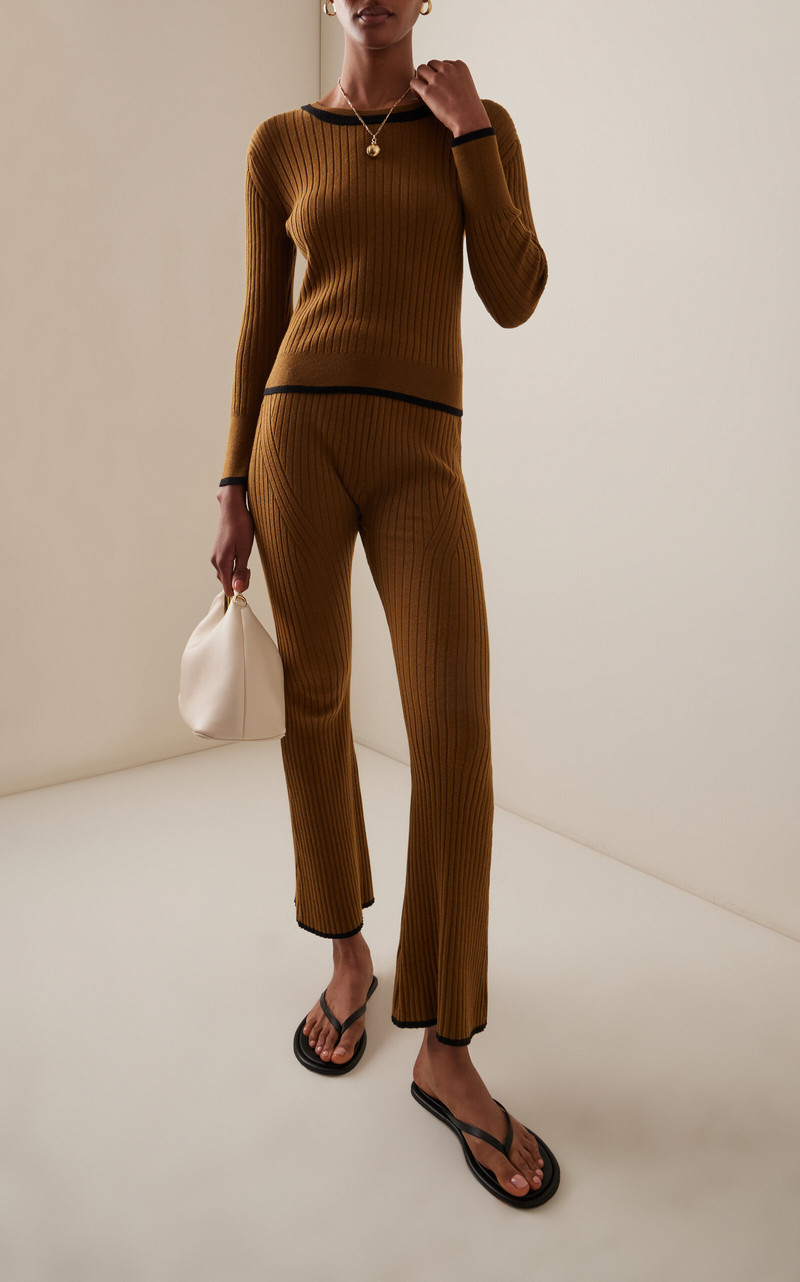 MATTHEW BRUCH Cotton-Blend Ribed-Knit Flared Pants brown outlook