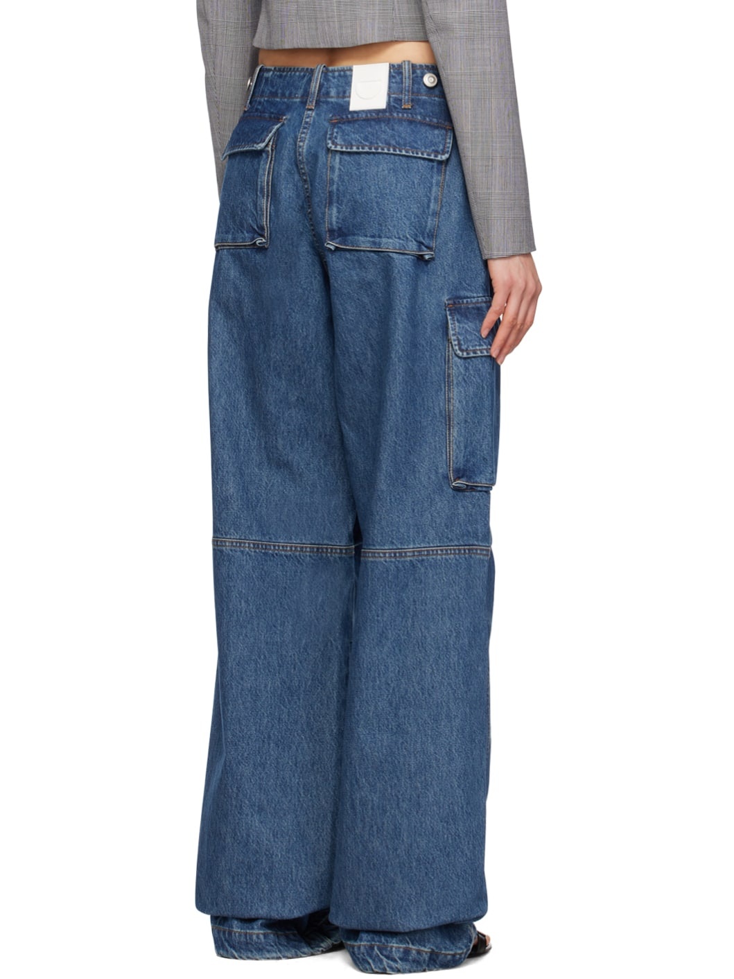 Blue Wide Leg Denim Cargo Pants - 3