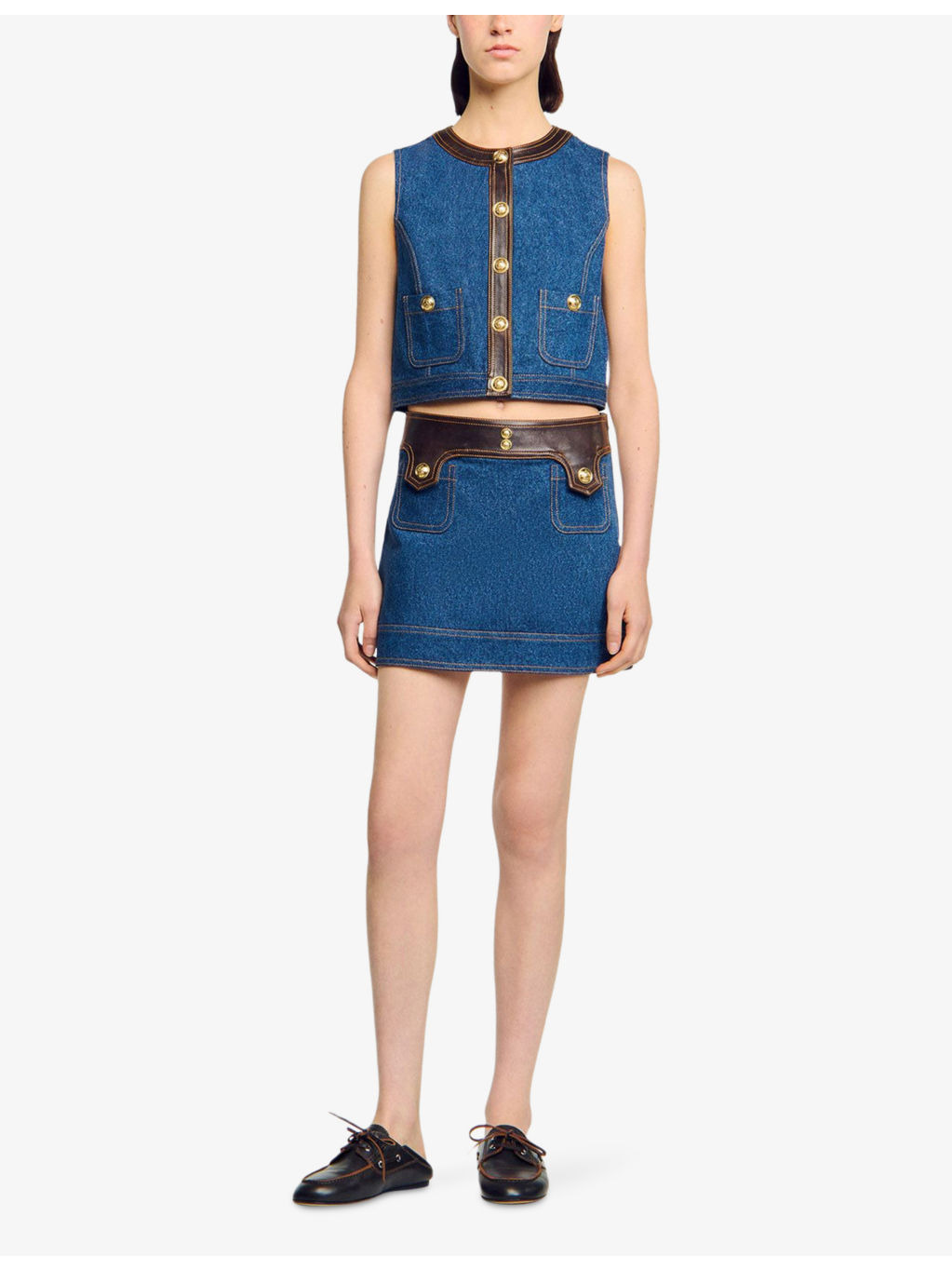 Leather-Trim Button-Down Denim Top - 2