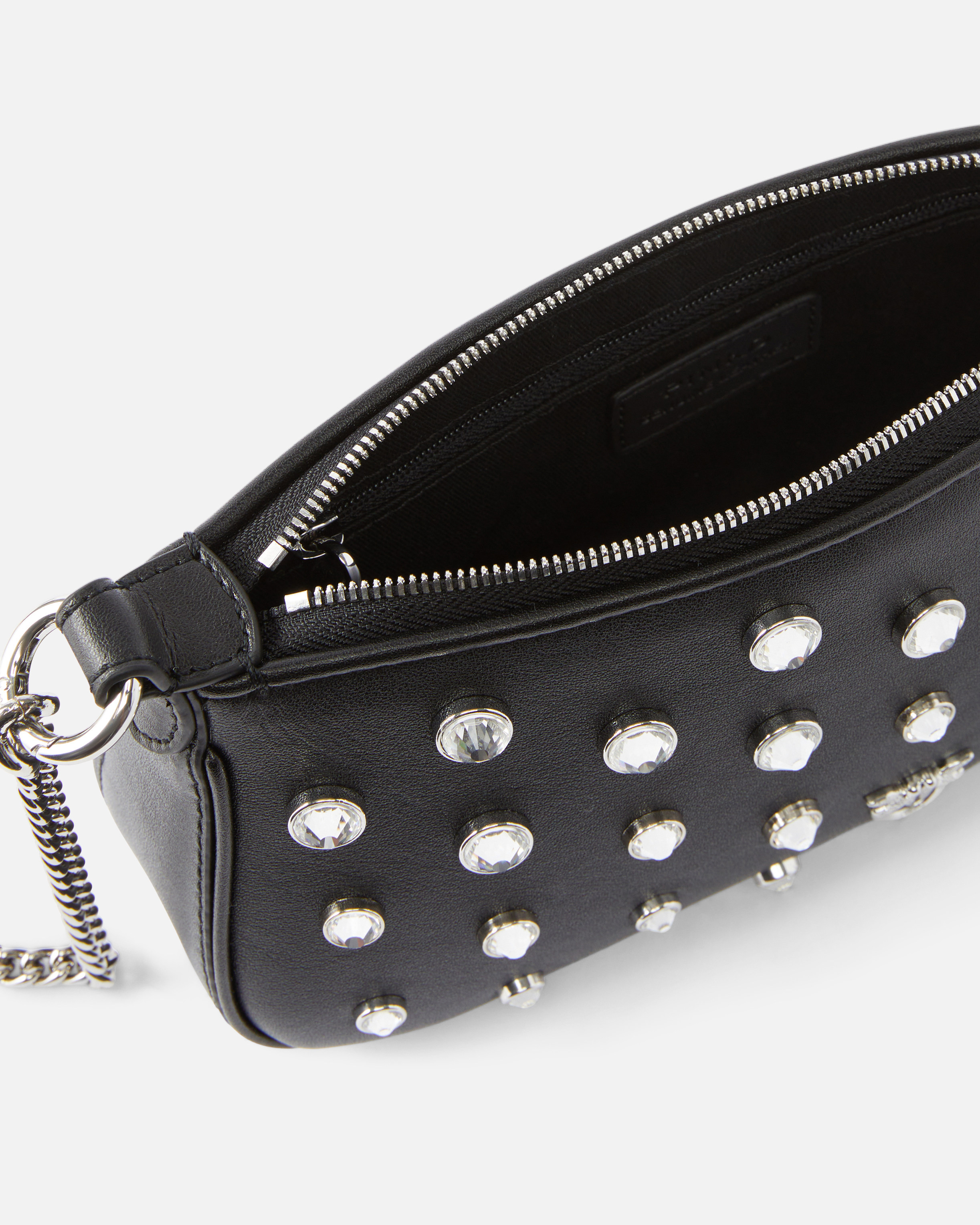 MINI HALF MOON BAGUETTE LEATHER SHOULDER BAG WITH RHINESTONES - 4