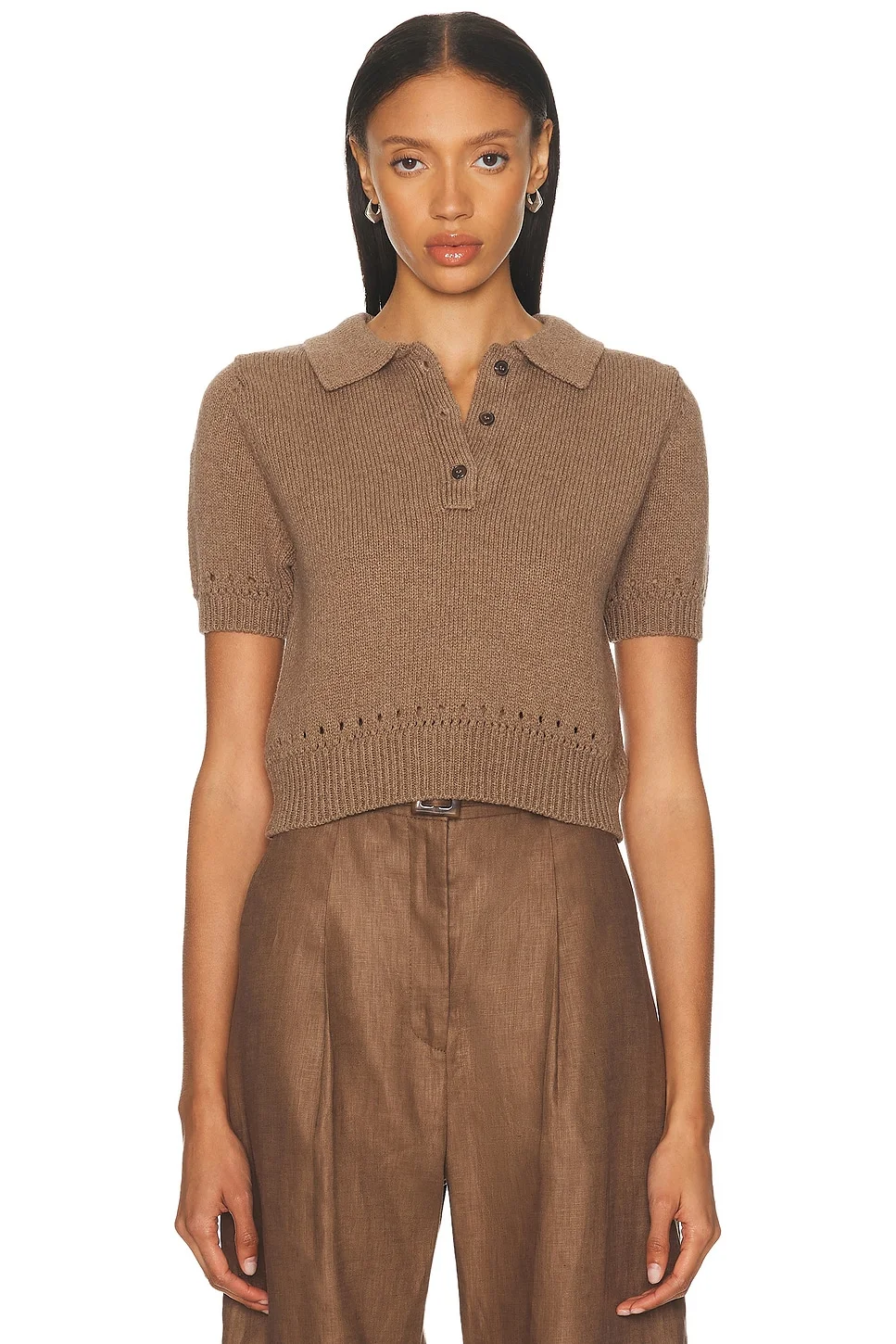 Eyelet Trim Knit Polo Top - 1
