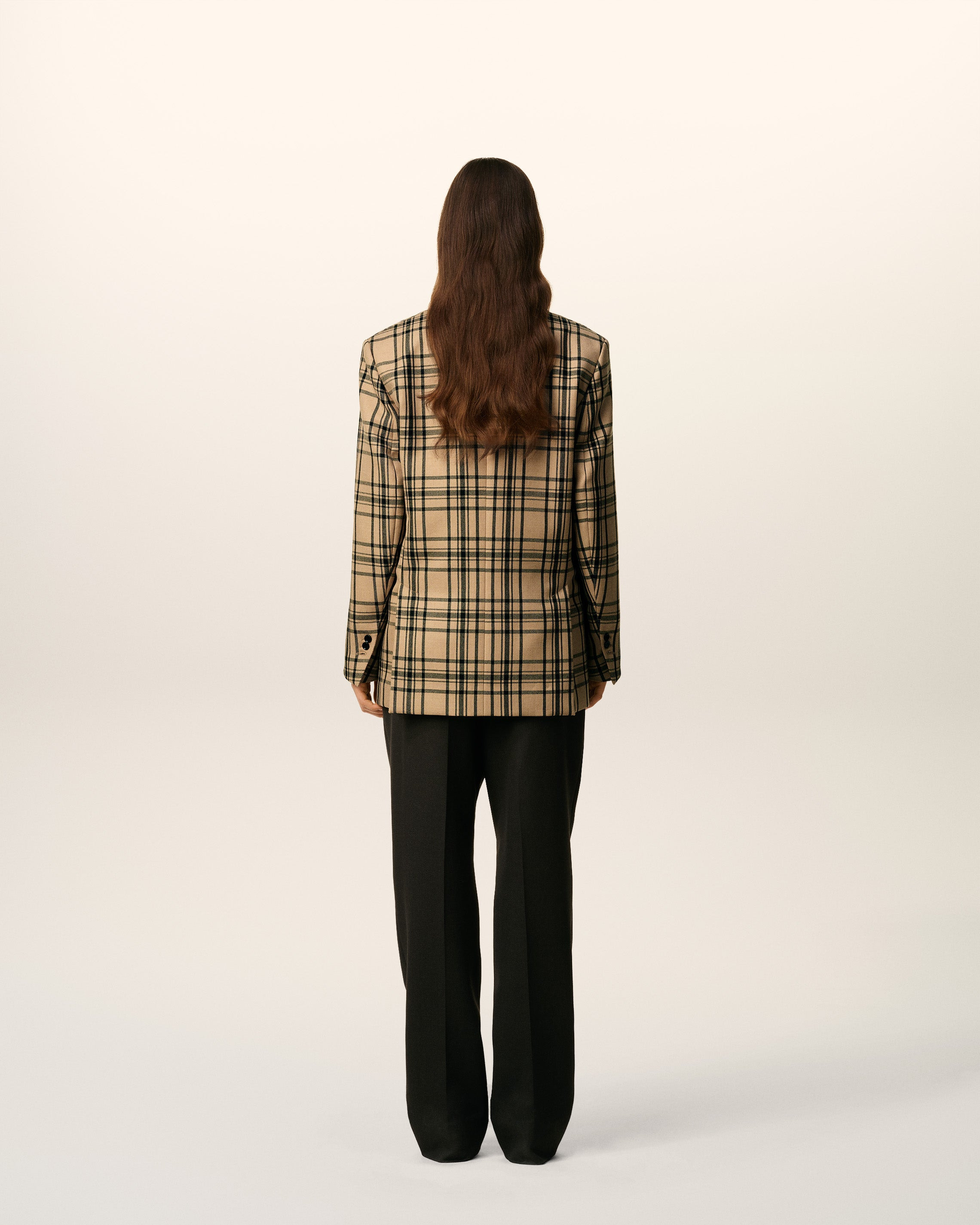 BROWN WOOL CHECKED LOOSE DOUBLE BREASTED JACKET - 5