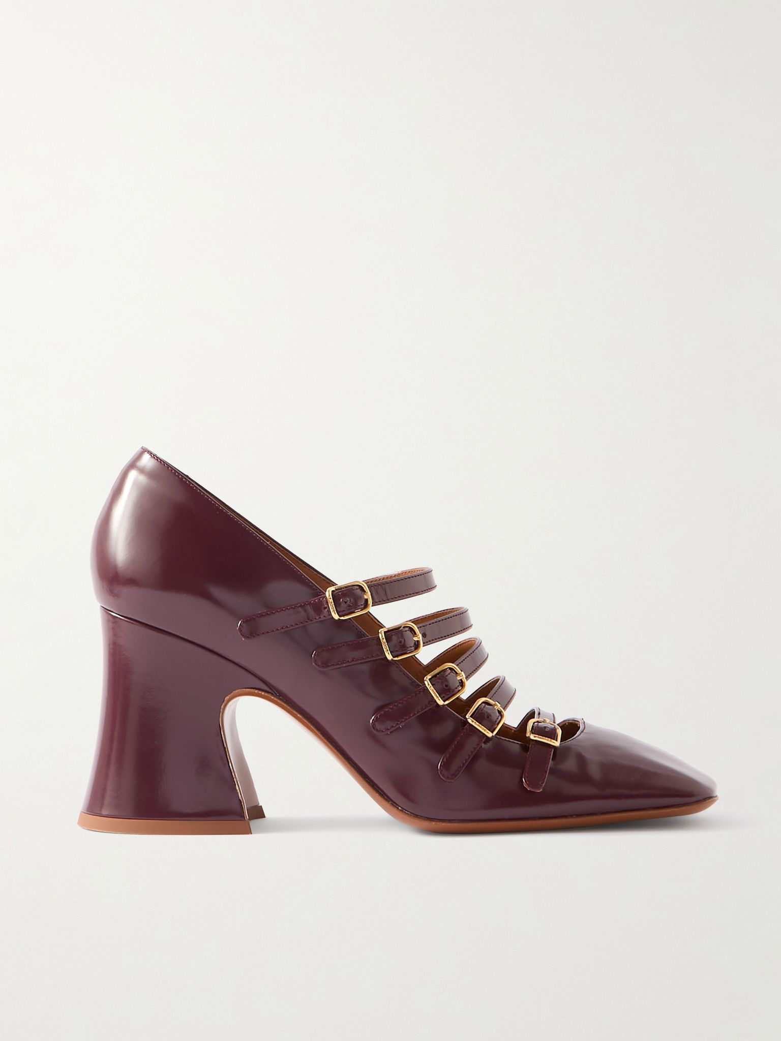 Janis buckled glossed-leather Mary Jane pumps Burgundy - 1