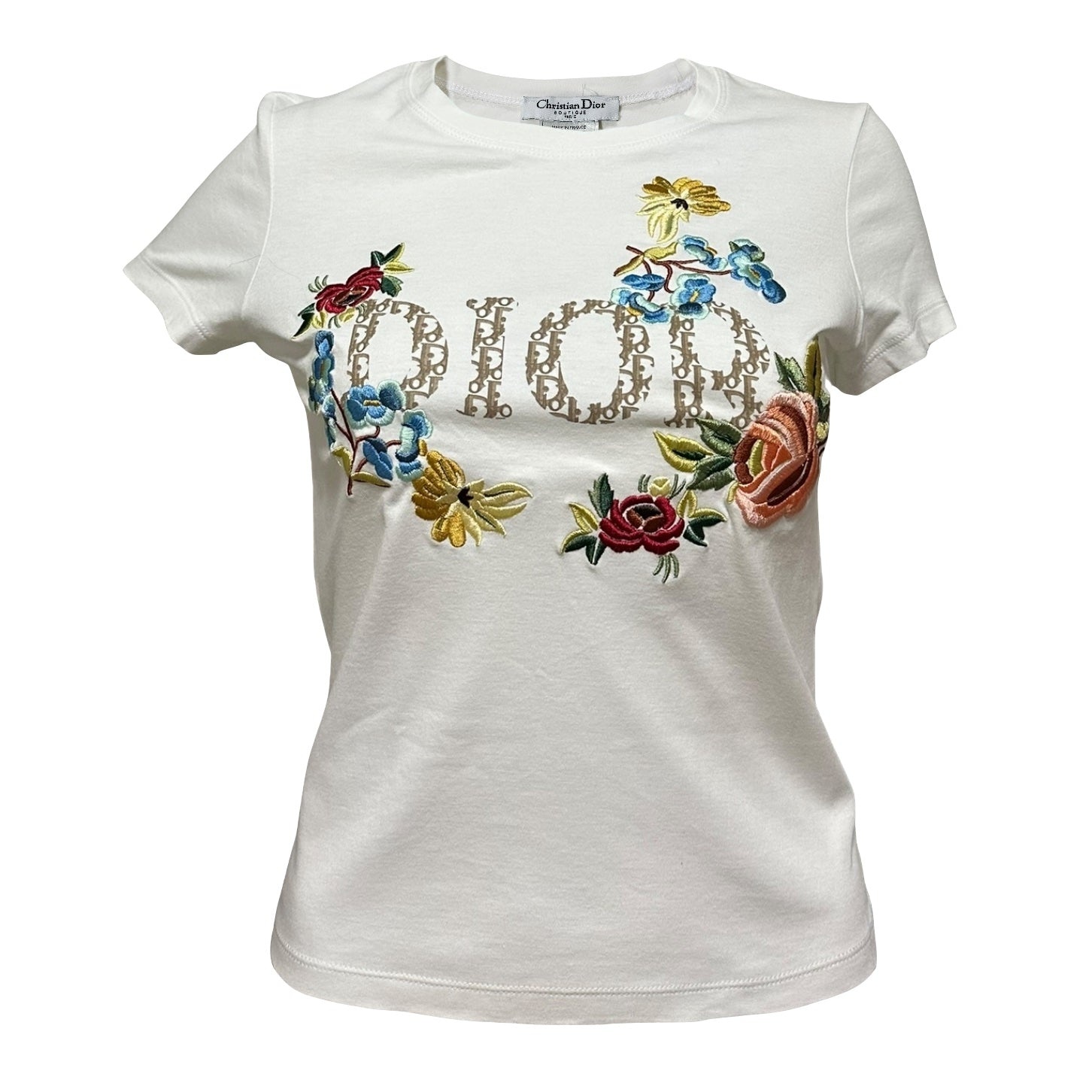 CHRISTIAN DIOR Spring Summer 2005 Diorissimo Floral Embroidered "DIOR" Trotter Logo T-Shirt - 1