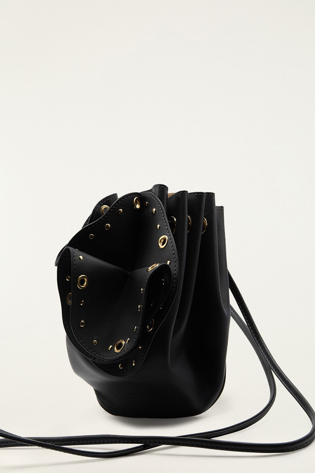 Black Leather Studded Crossbody Flower Bag - 2