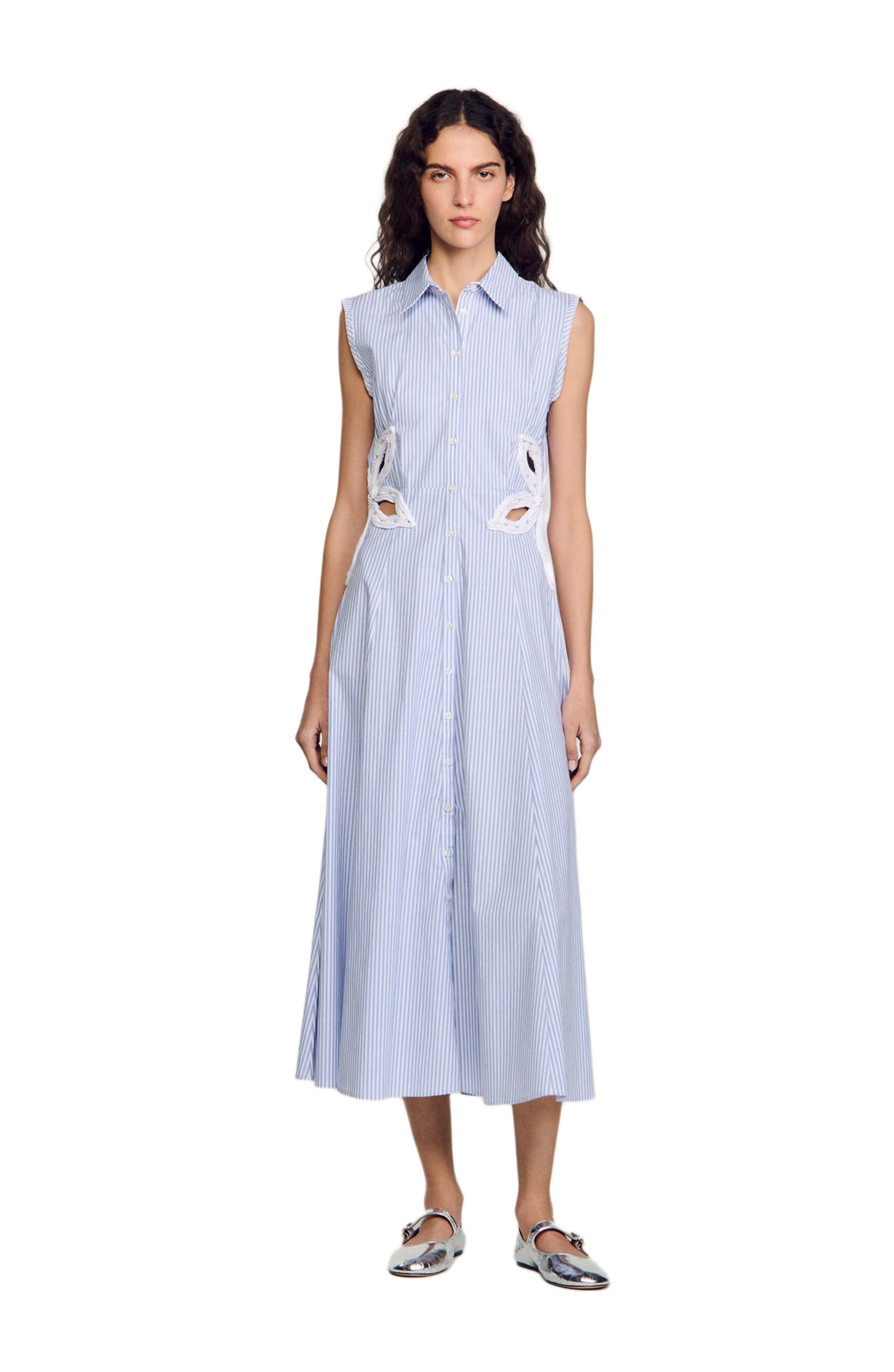 SANDRO Stripy embroidered maxi dress in Sky Blue at Nordstrom - 6