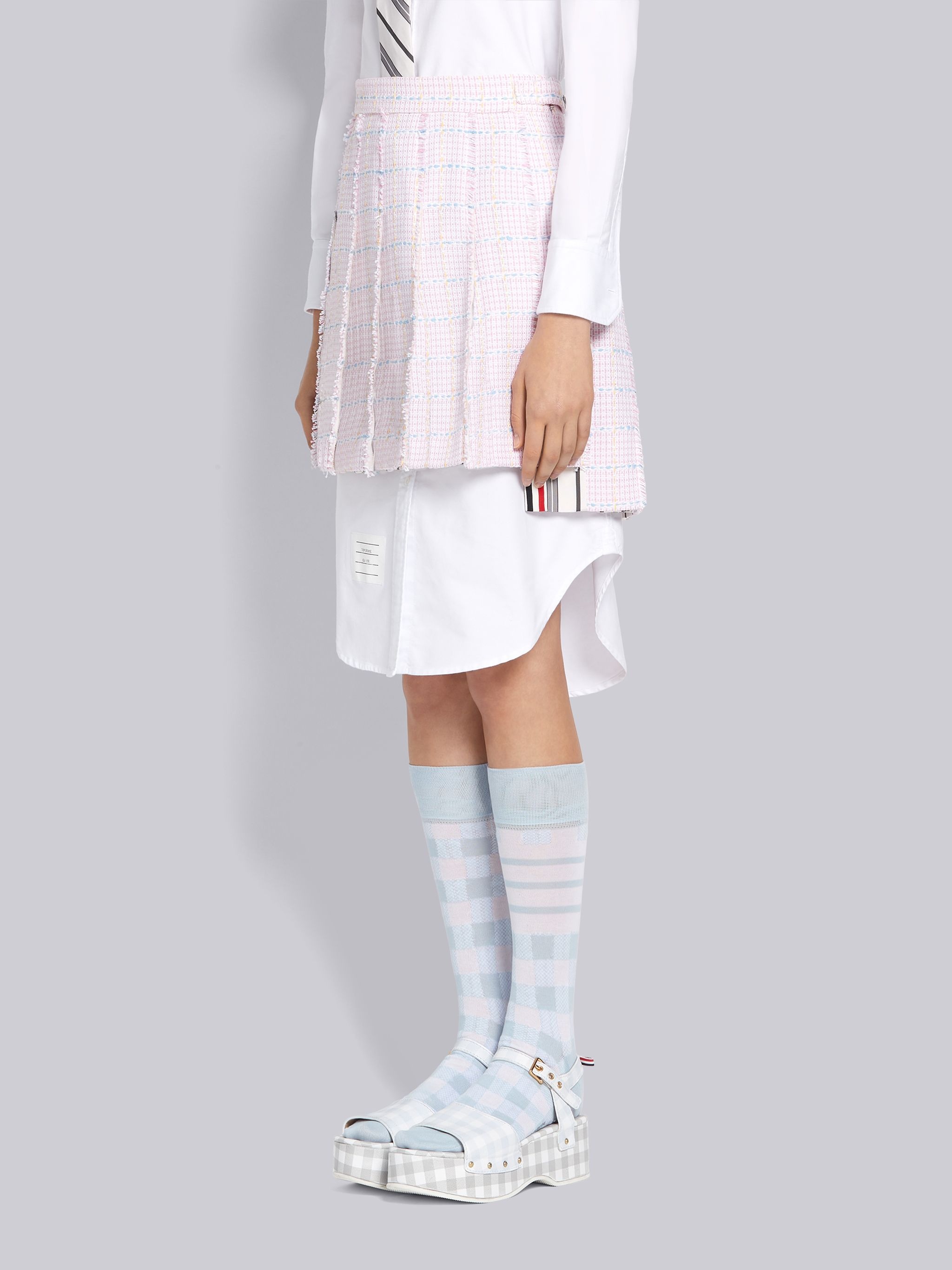 Pink Cotton Windowpane University Check Tweed Dropped Back Mini Pleated Skirt - 2