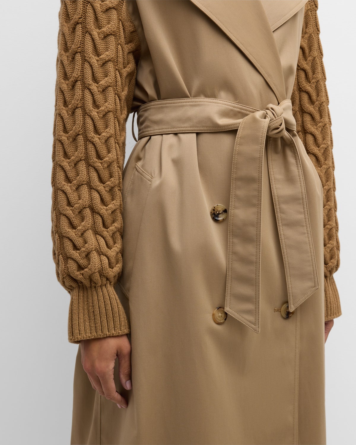 Cicladi Cable-Knit Sleeves Belted Long Trench Coat - 5