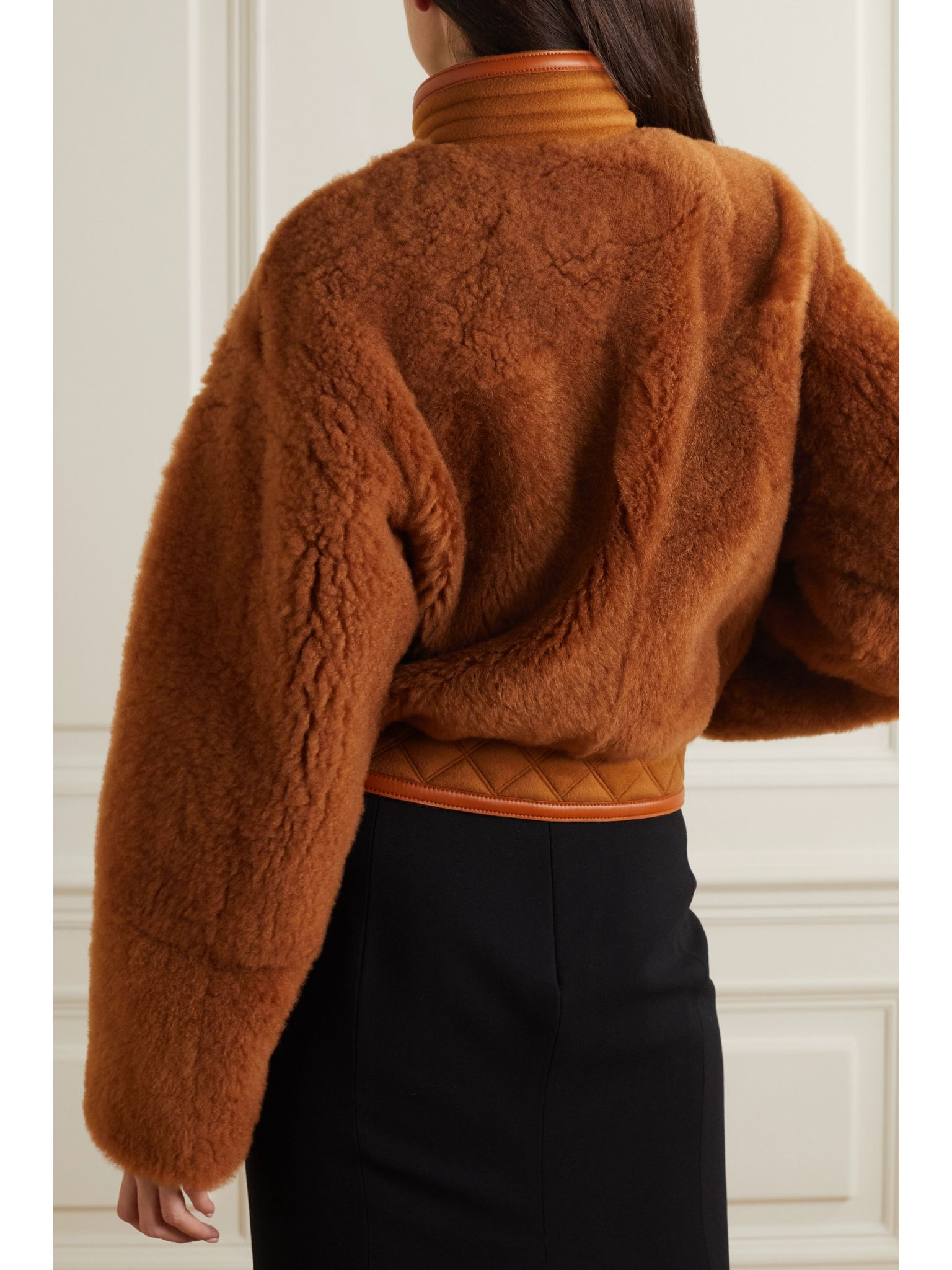 Leather and quilted cashmere-trimmed shearling jacket Brown - 3