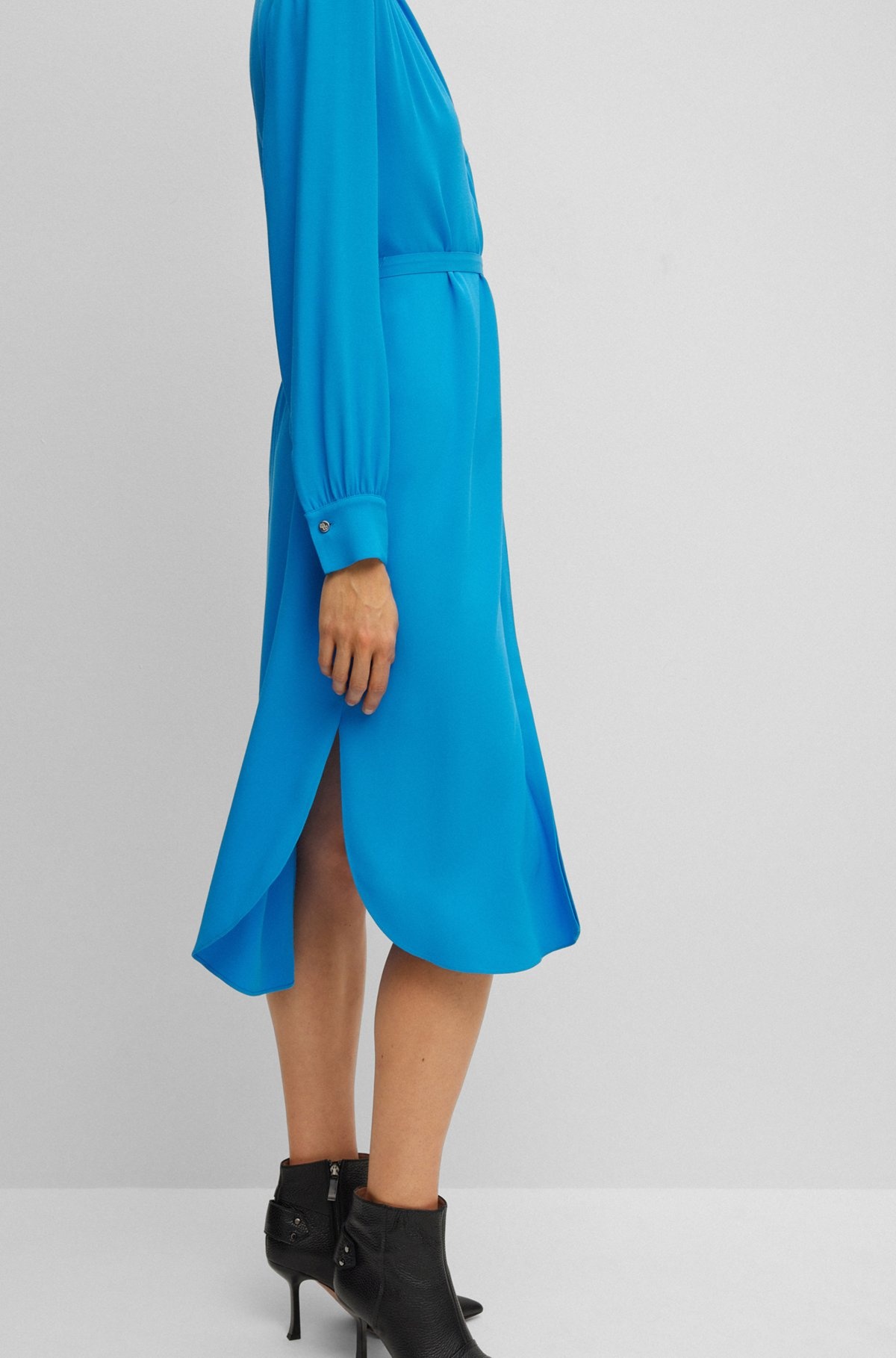 BELTED DRESS WITH COLLARLESS V NECKLINE AND BUTTON CUFFS - 6