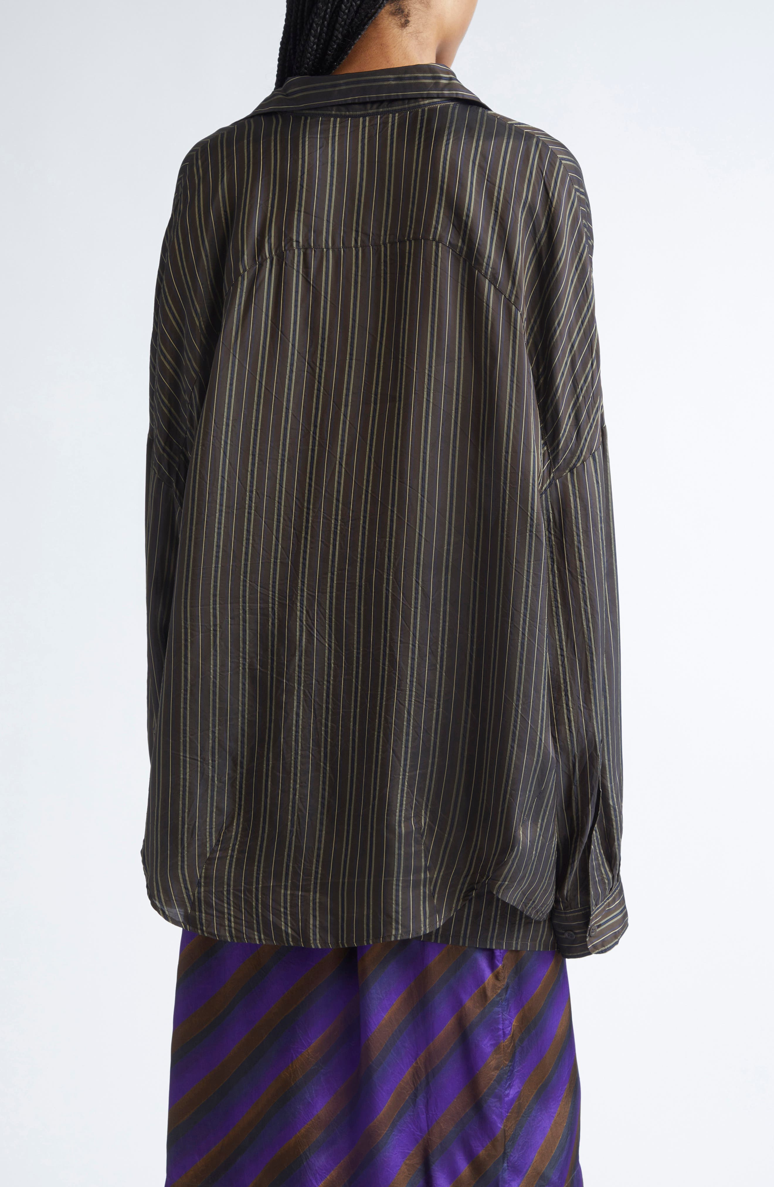 Dries Van Noten Casia Stripe Oversize Cupro Cocoon Shirt in Brown at Nordstrom - 3