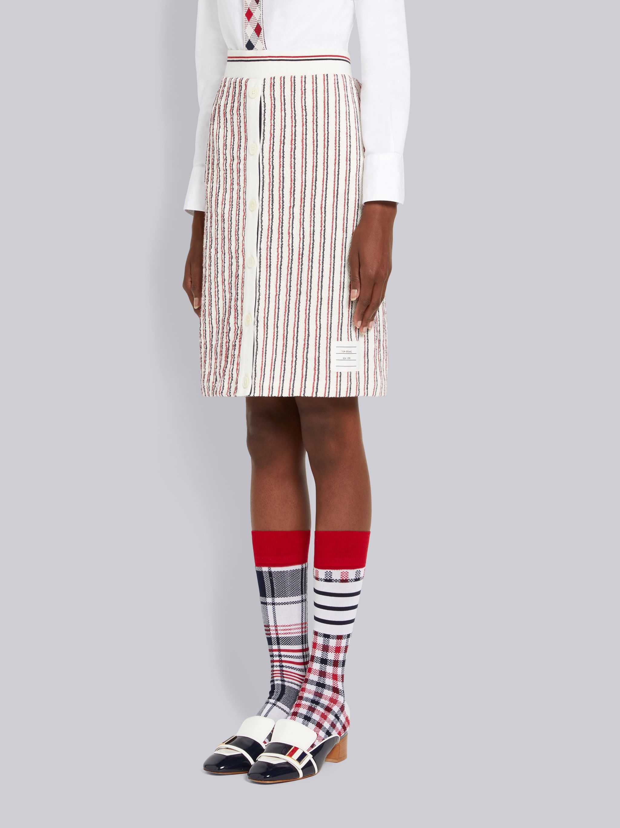 Multicolor Textured Stripe Cotton Tweed Button Placket Knee Length Skirt - 2