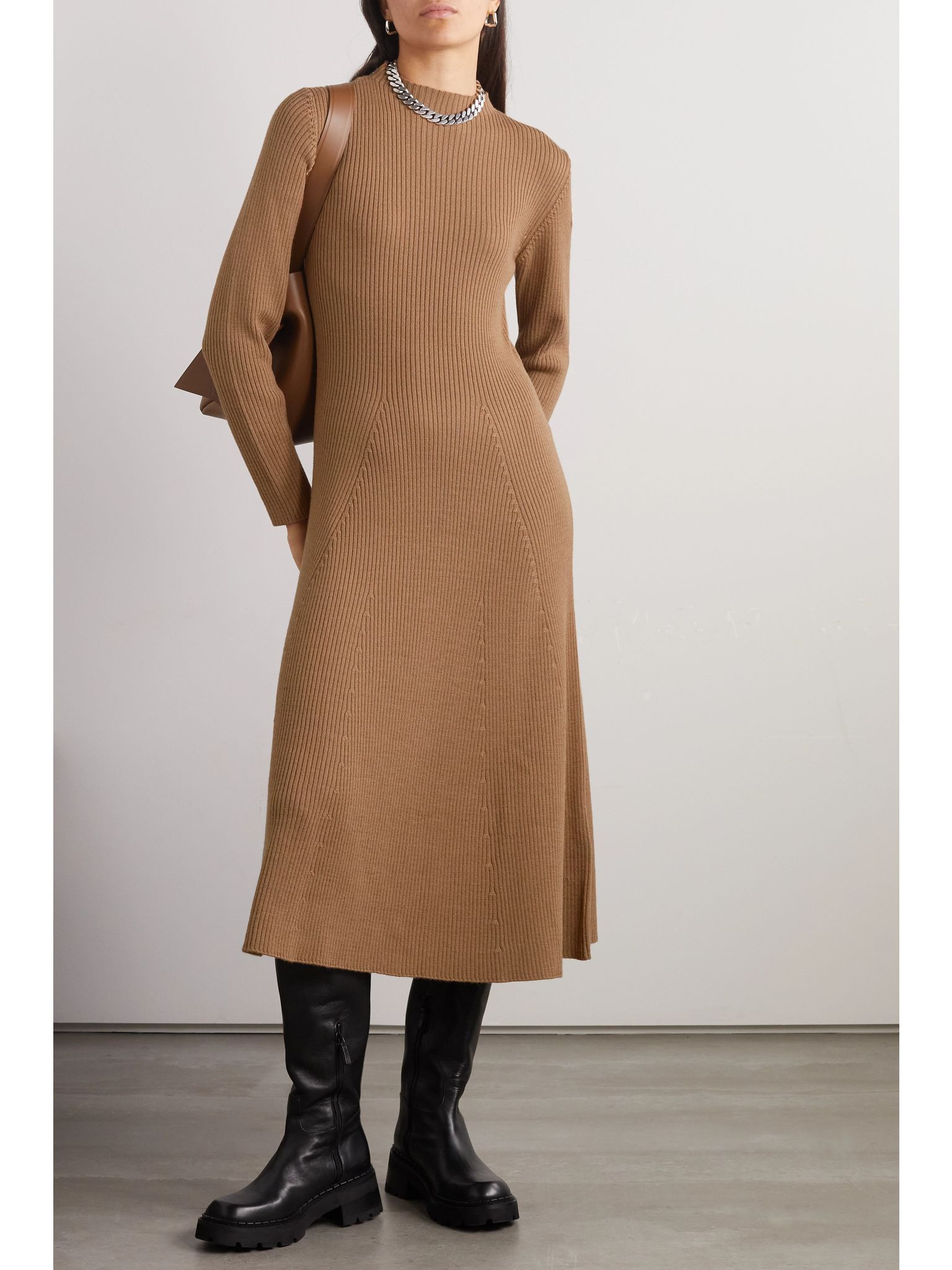 Ribbed wool-blend midi dress Camel - 2