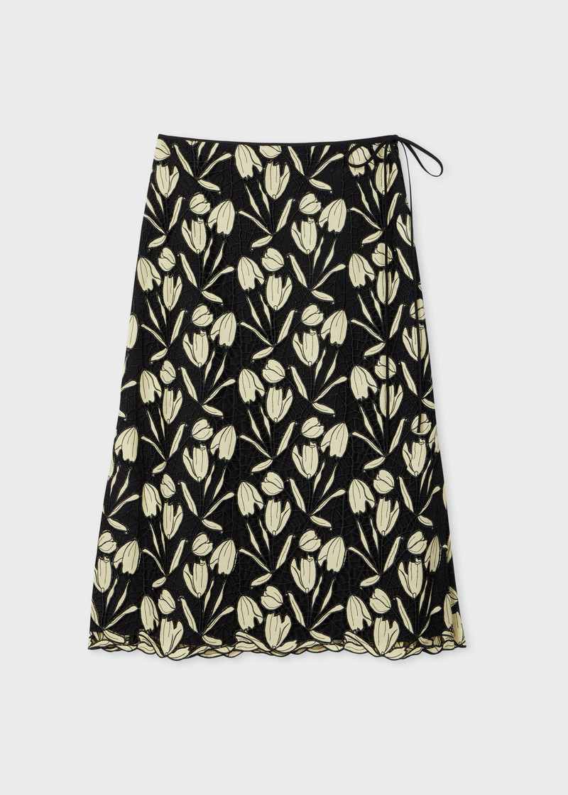 Women's Black Embroidered Floral Print Midi Skirt 1