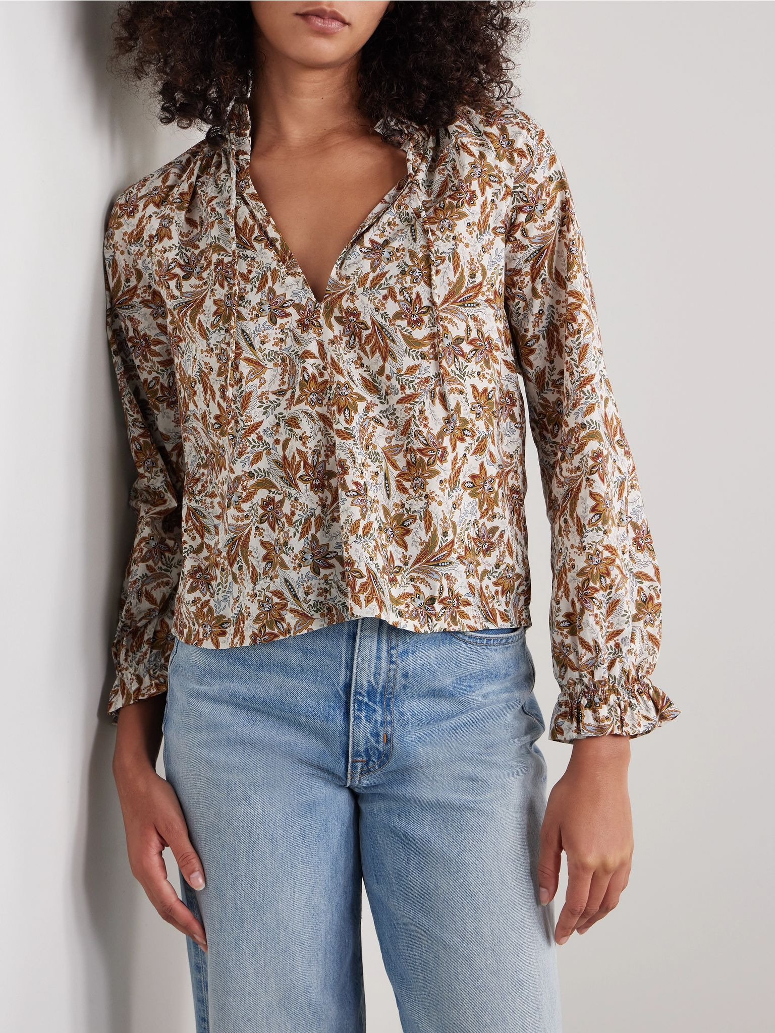 Juna tie-neck floral-print organic cotton-voile top Brown - 3