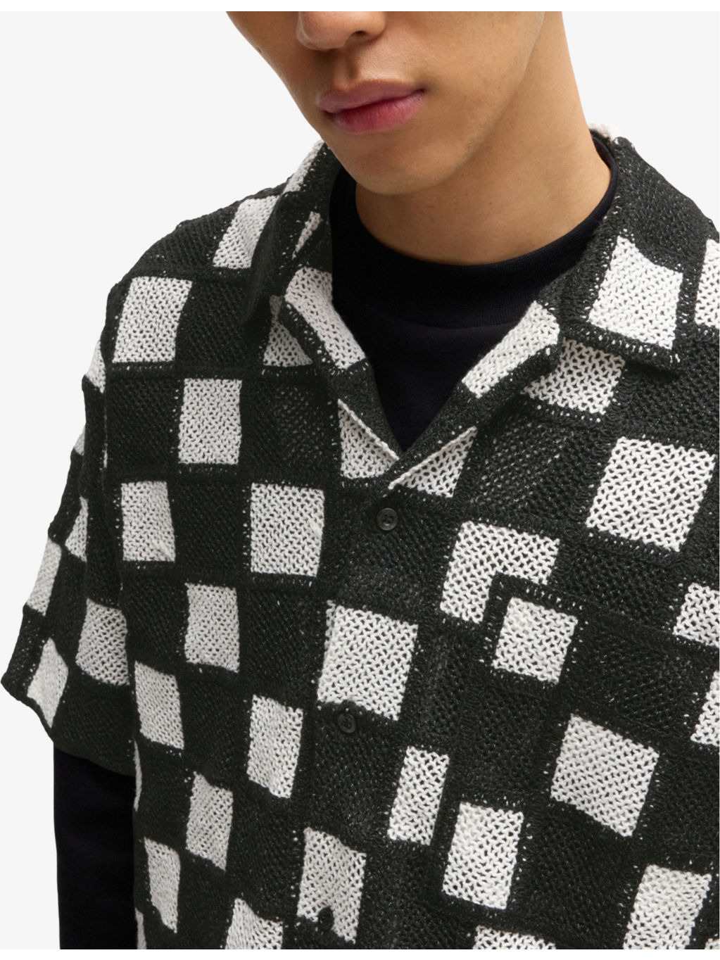Checkerboard Short-Sleeved Stretch-Woven Shirt - 5