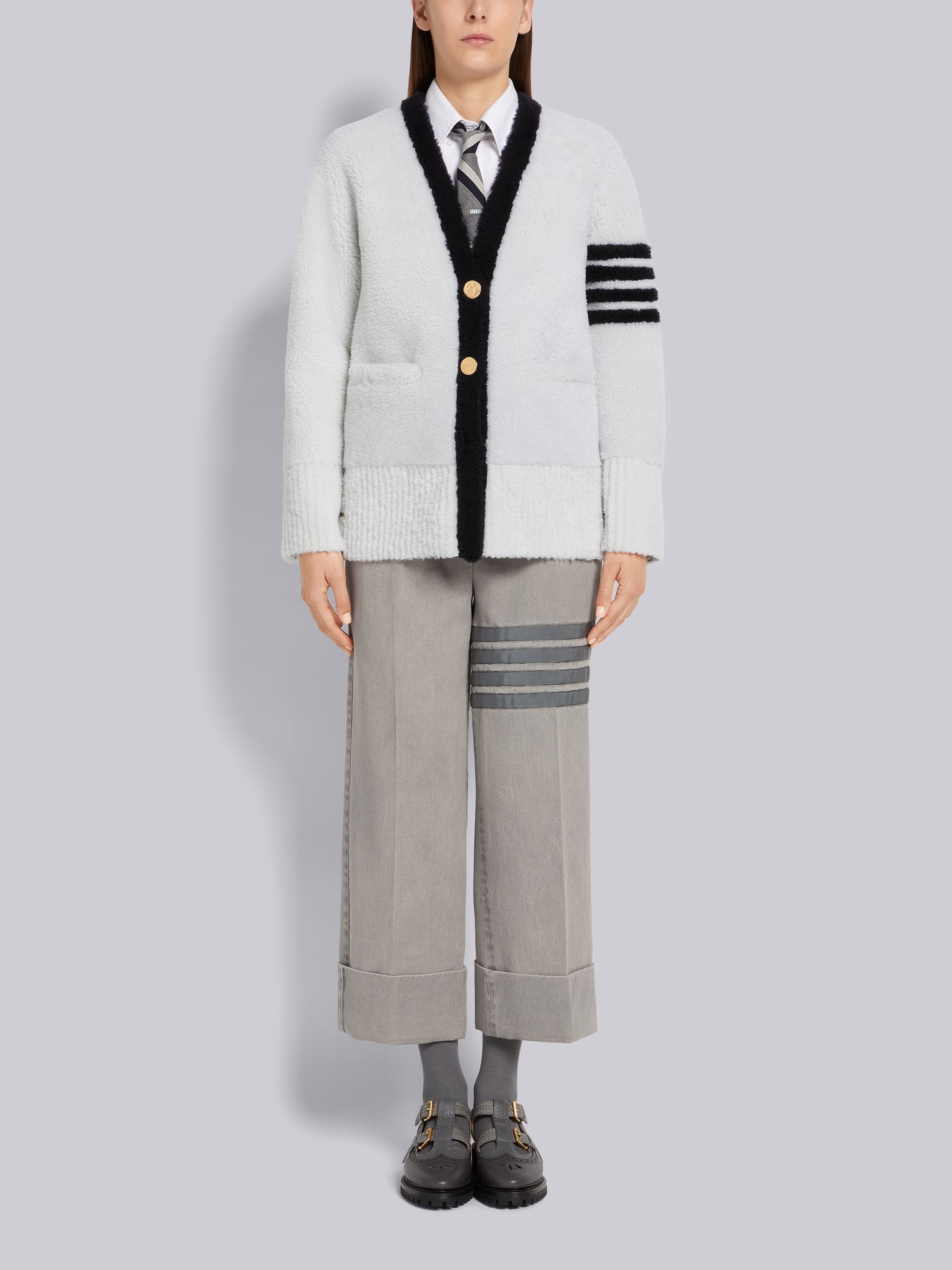 White Shearling Contrast 4-Bar V-Neck Cardigan Jacket - 4