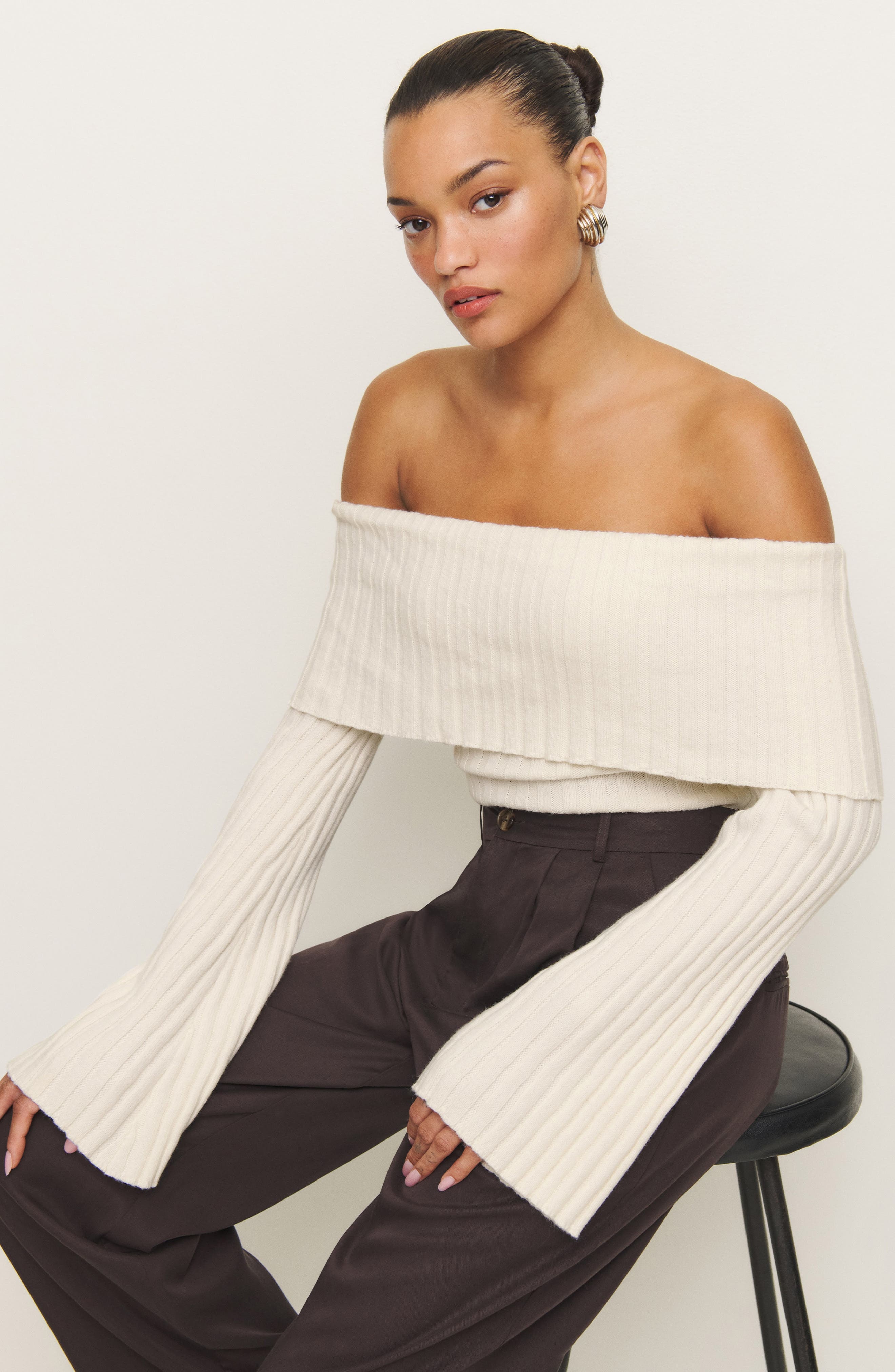 Reformation Lana Foldover Off the Shoulder Recycled Cashmere & Wool Blend Sweater in Gossamer at Nor - 5