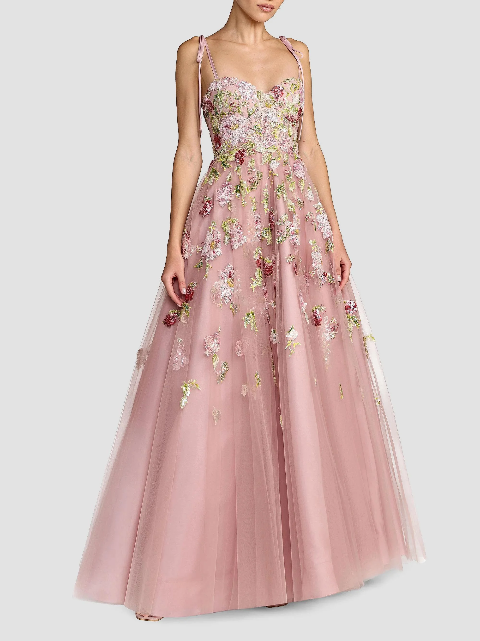 Women's Floral Seqiun Ribbon Gown - Mocha - 1
