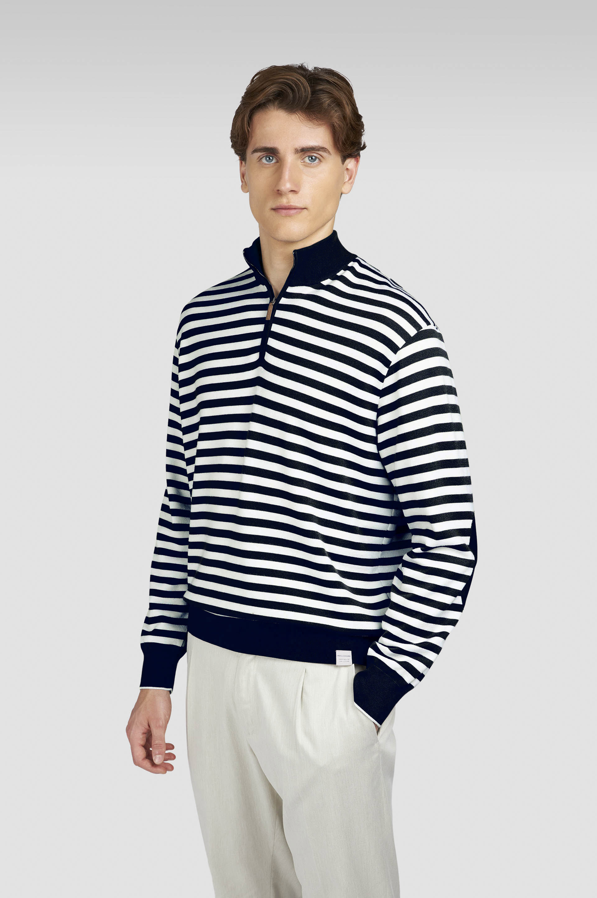 STRIPED WOOL CASHMERE HALF ZIP SWEATER - 6