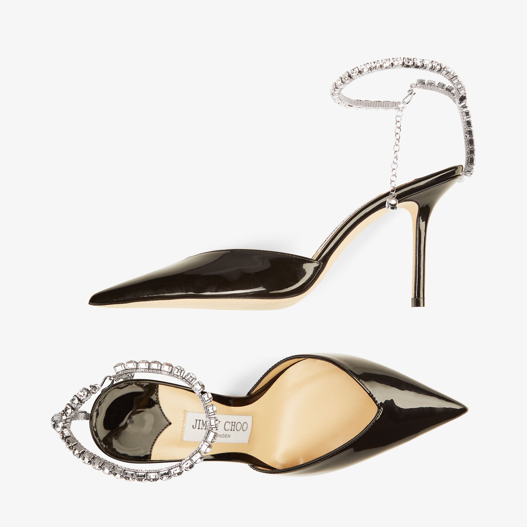JIMMY CHOO Saeda 85 Black Patent Leather Pumps with Crystal