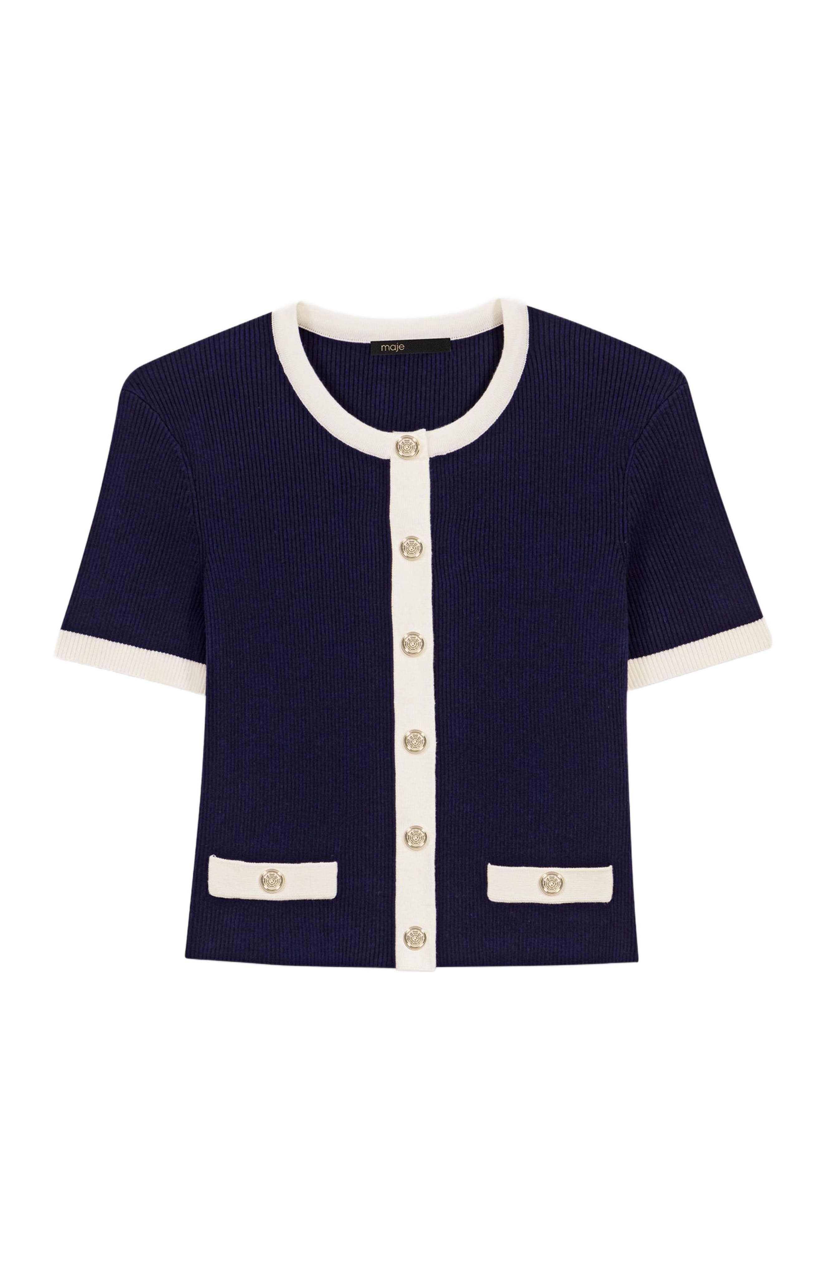 maje Cropped short sleeve cardigan in Navy /Ecru at Nordstrom - 5