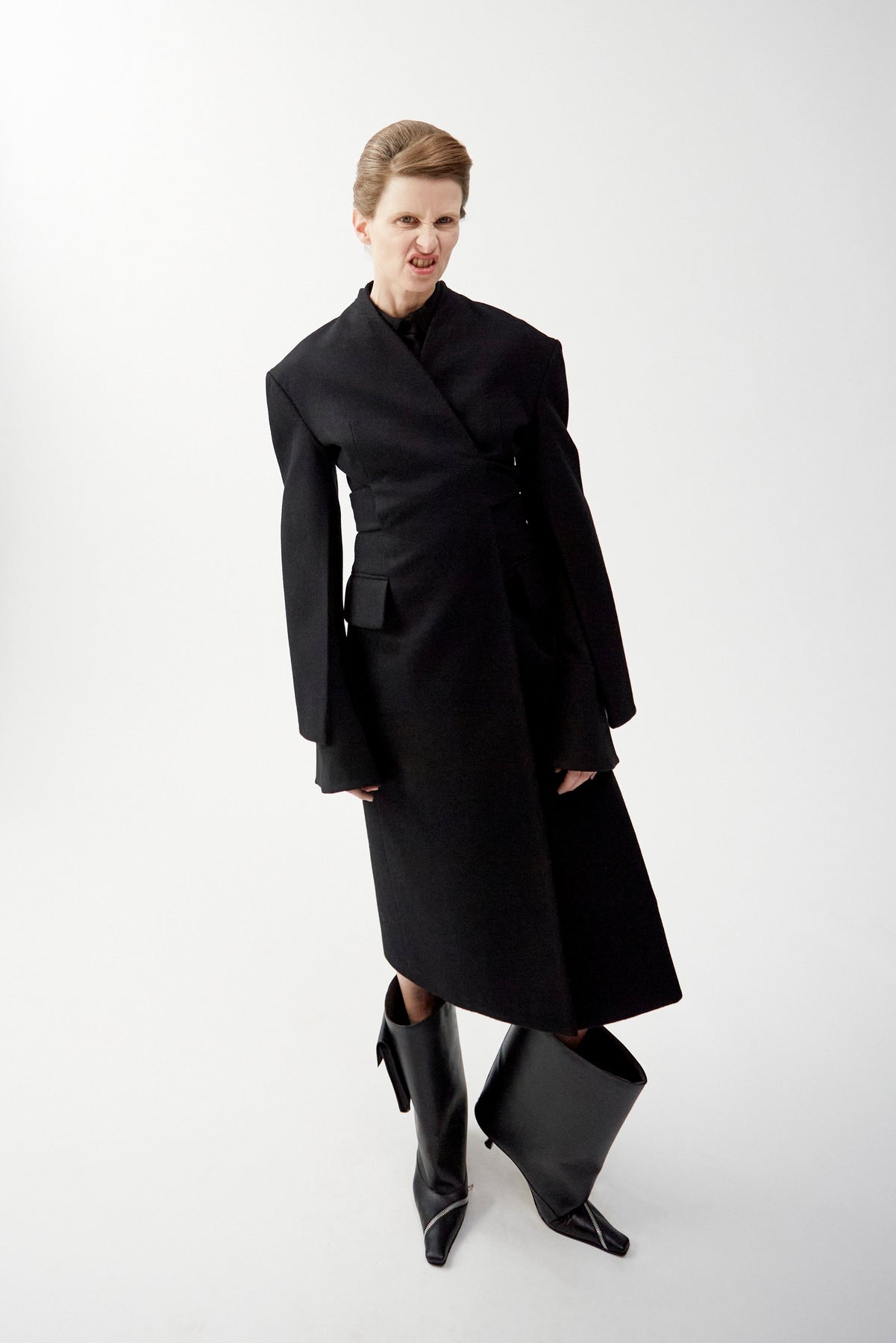 OPEN SLEEVE BELTED WRAP AROUND FITTED COAT BLACK - 8