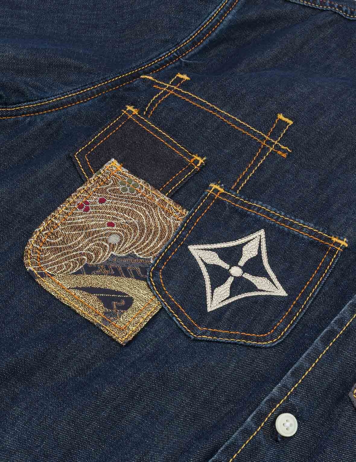 Multi-Pocket with Brocade Patch Relax Fit Denim Shirt - 7