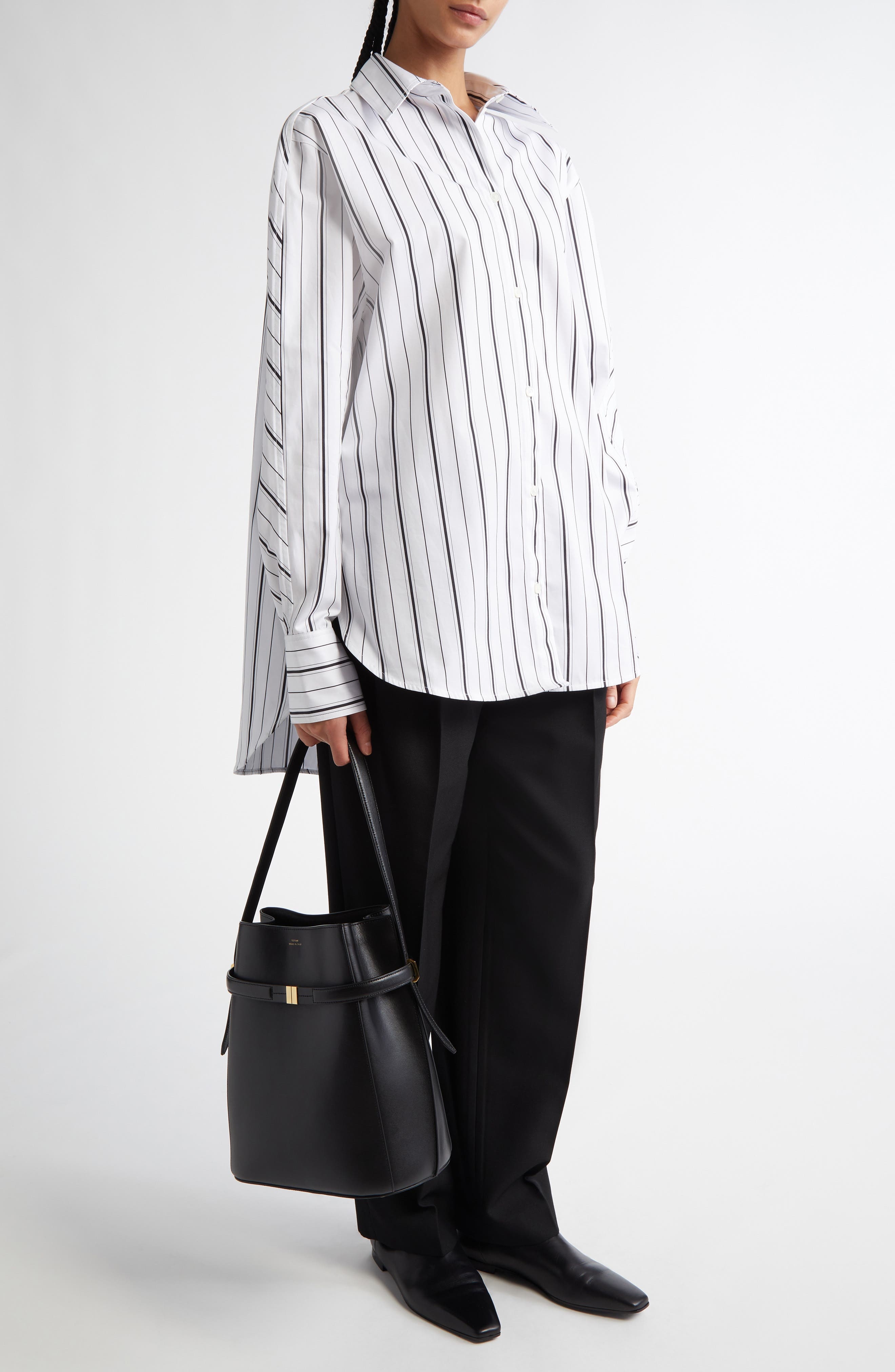 TOTEME Oversize Stripe Organic Cotton Poplin Button-Up Shirt in White/Black at Nordstrom - 2